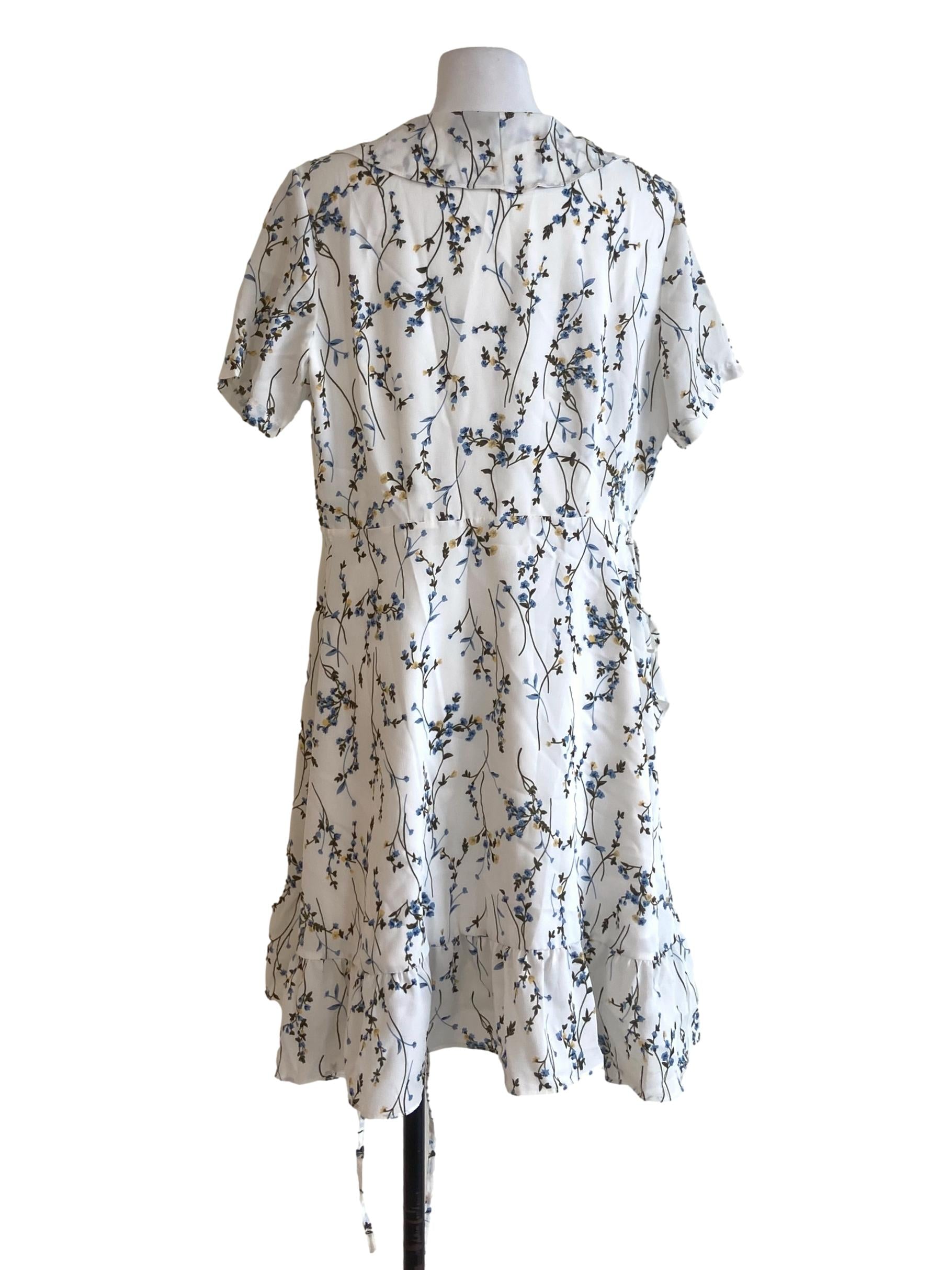 White Floral V Neck Wrap Ruffle Dress