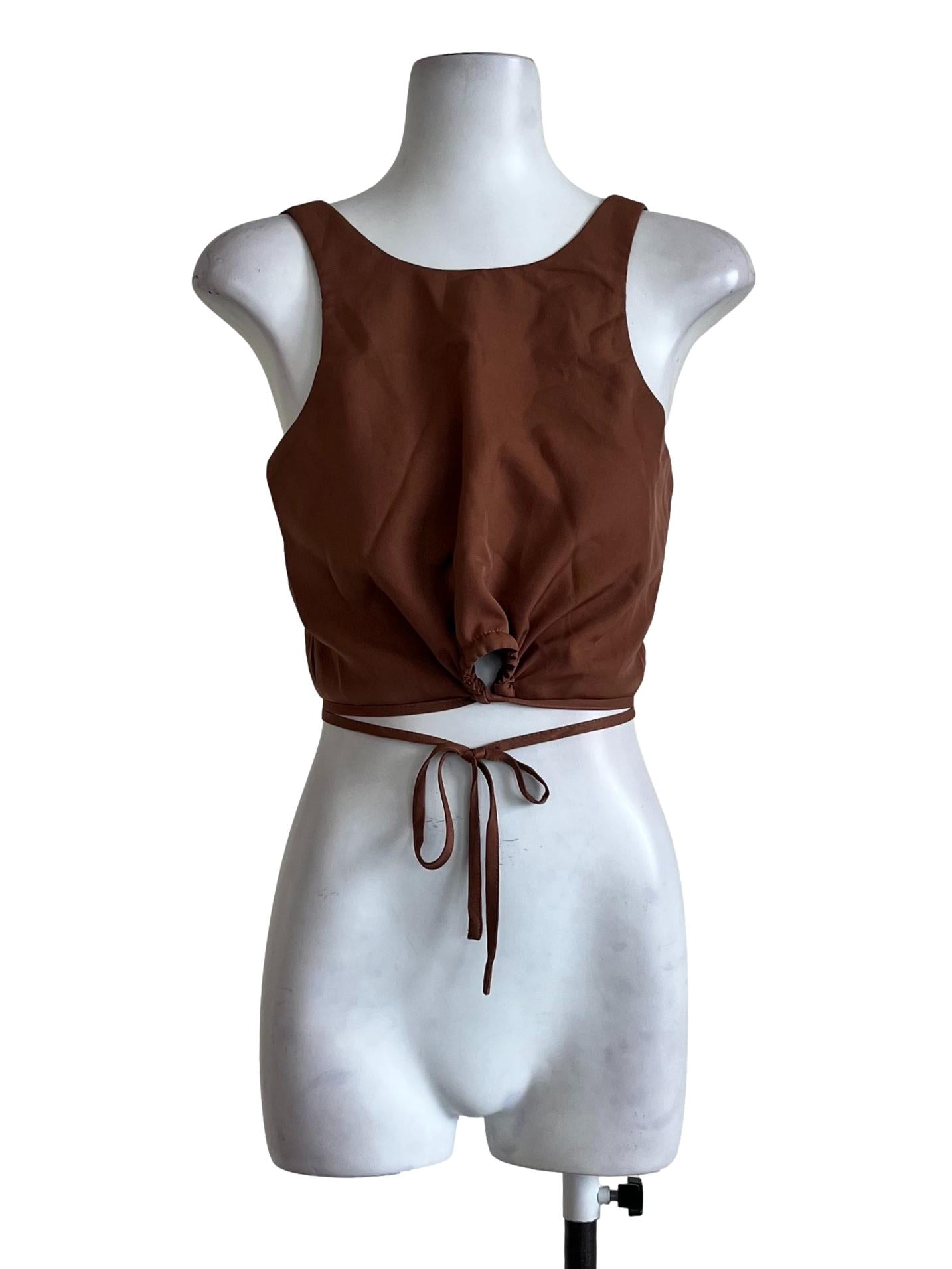 Brown Sleeveless Plain Adjustable Ribbon Tie Top