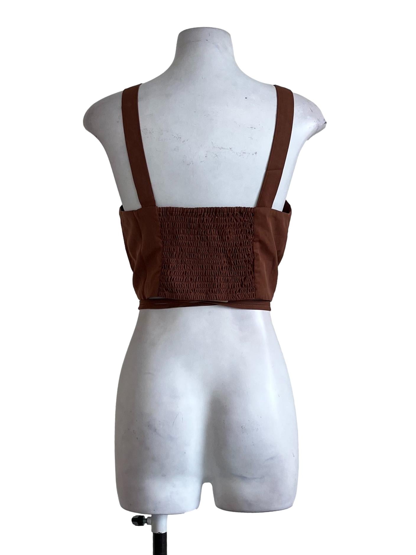 Brown Sleeveless Plain Adjustable Ribbon Tie Top