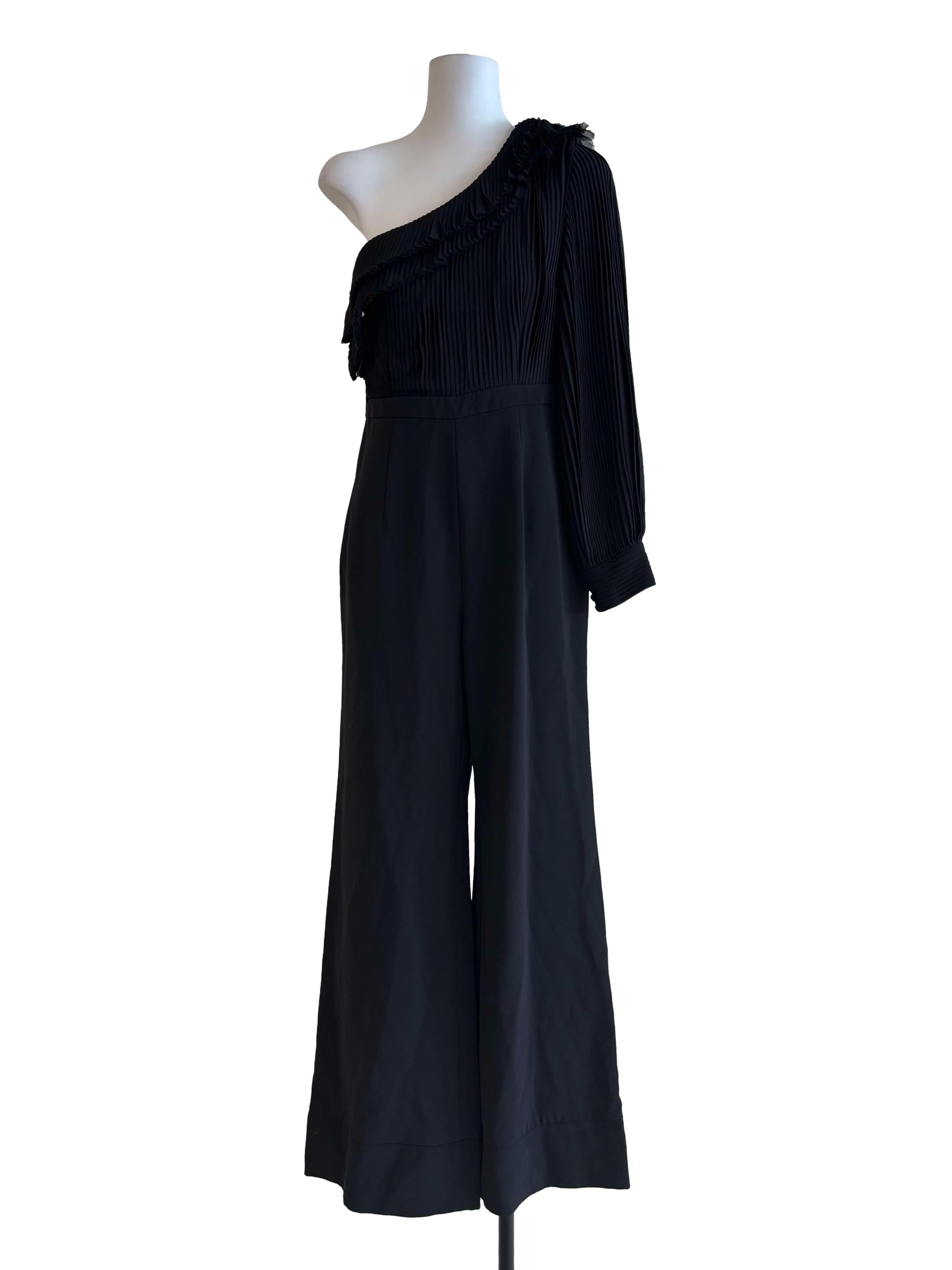 Jet Black One Shoulder Pleated Jumpsuit