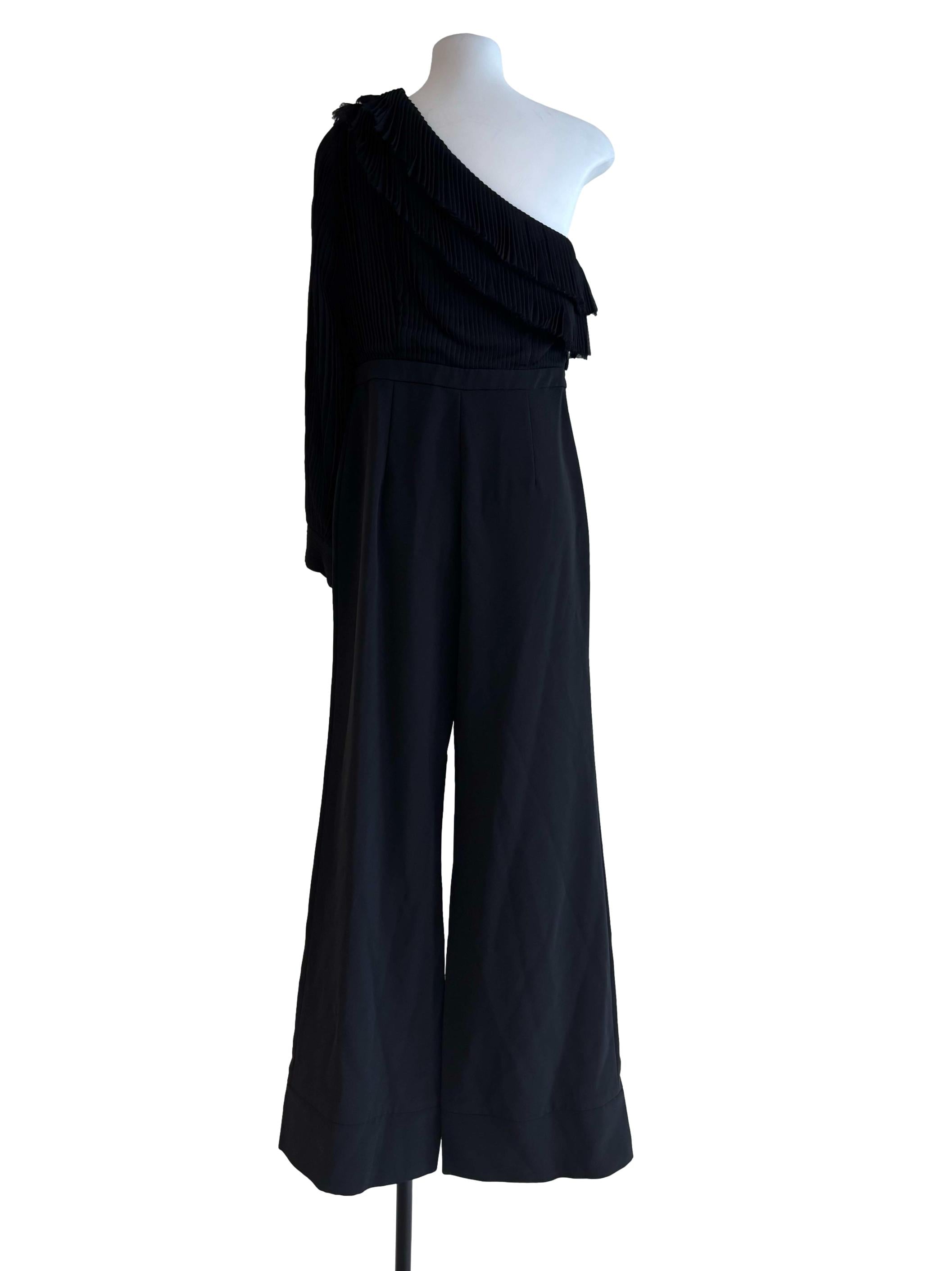 Jet Black One Shoulder Pleated Jumpsuit