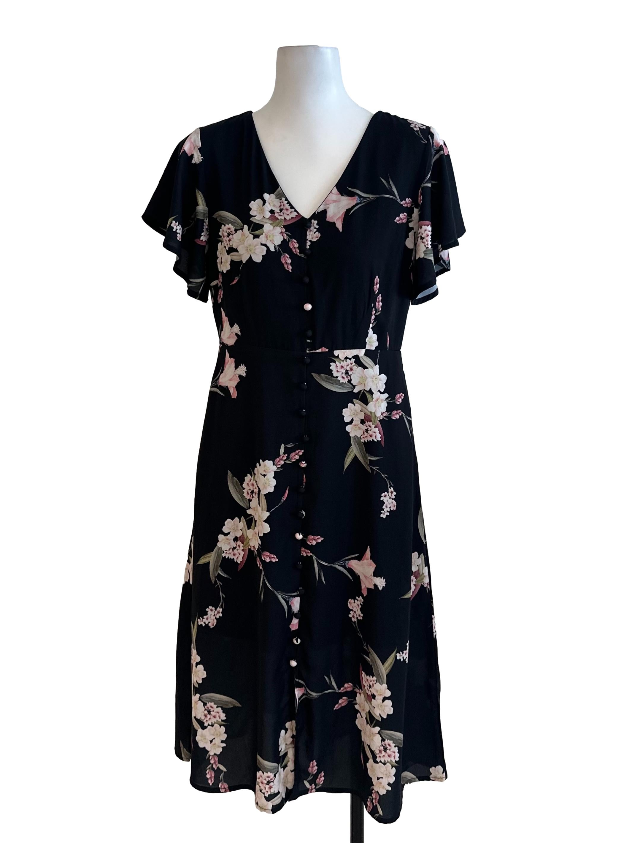 Black Floral Pattern V Neck Dress
