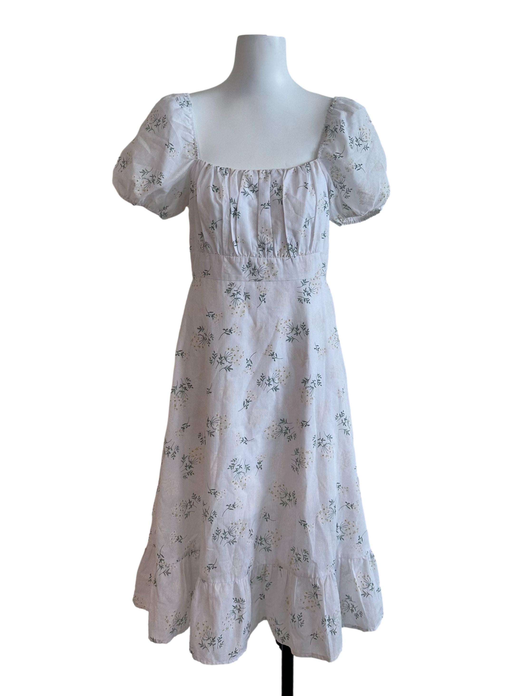 Snow White Floral Pattern Ruched Dress