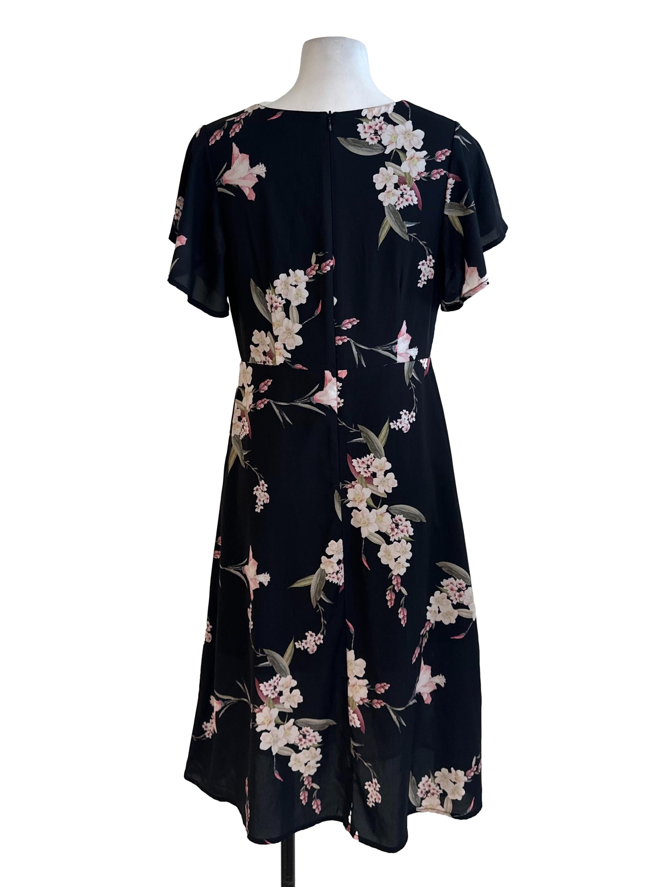 Black Floral Pattern V Neck Dress