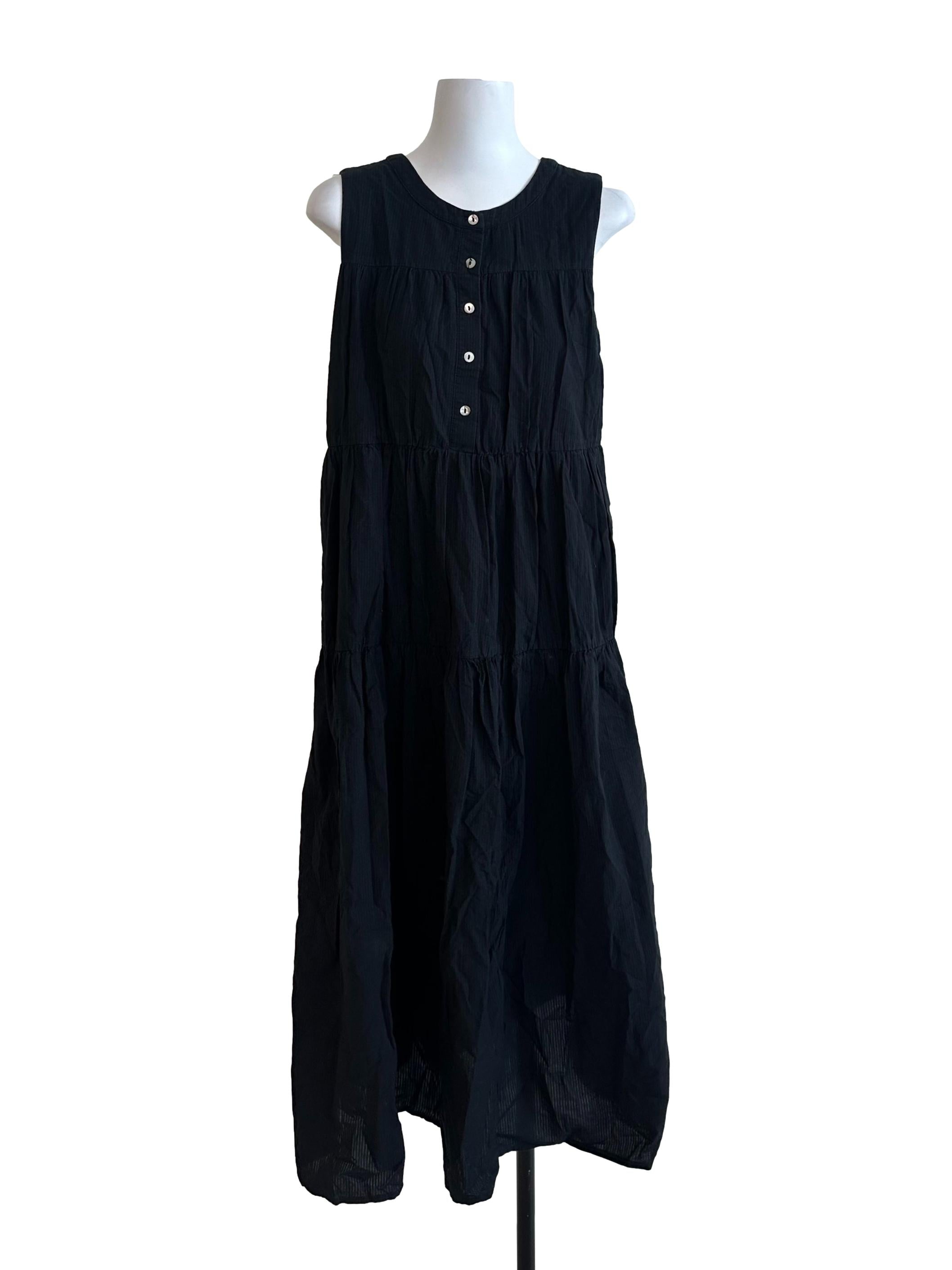 Charcoal Black Textured Button Tiered Dress