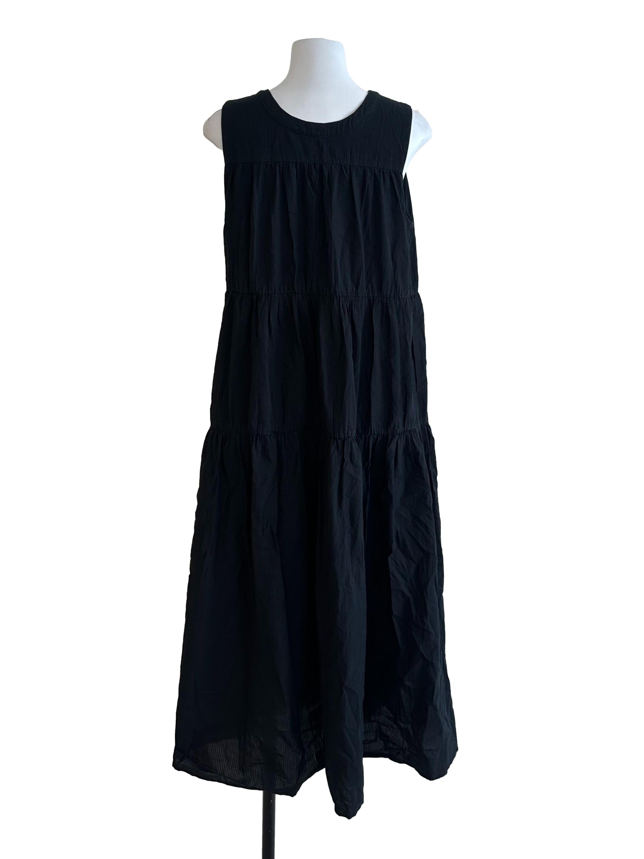 Charcoal Black Textured Button Tiered Dress