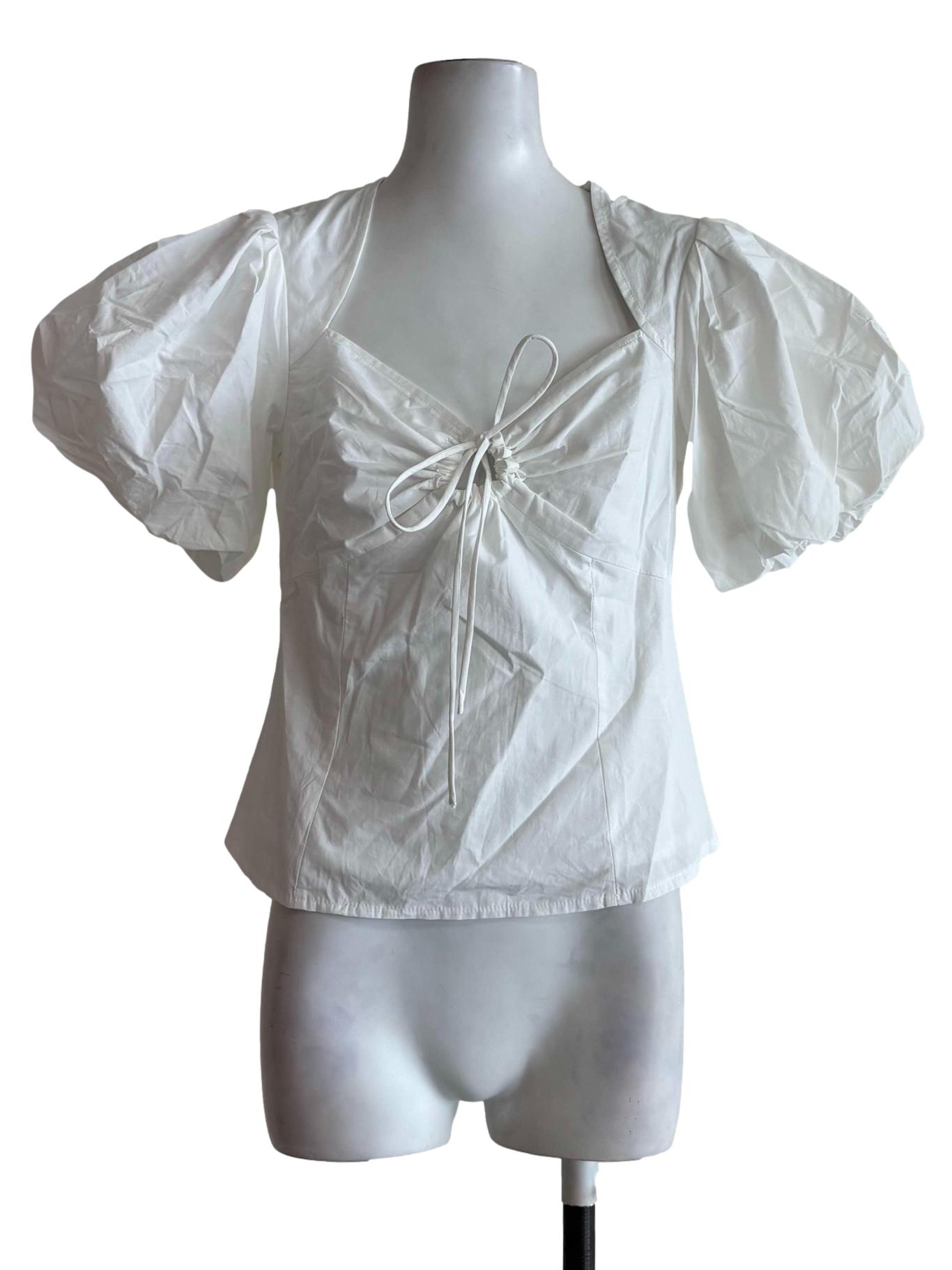 Powder White Diamond Neckline Cotton Blouse