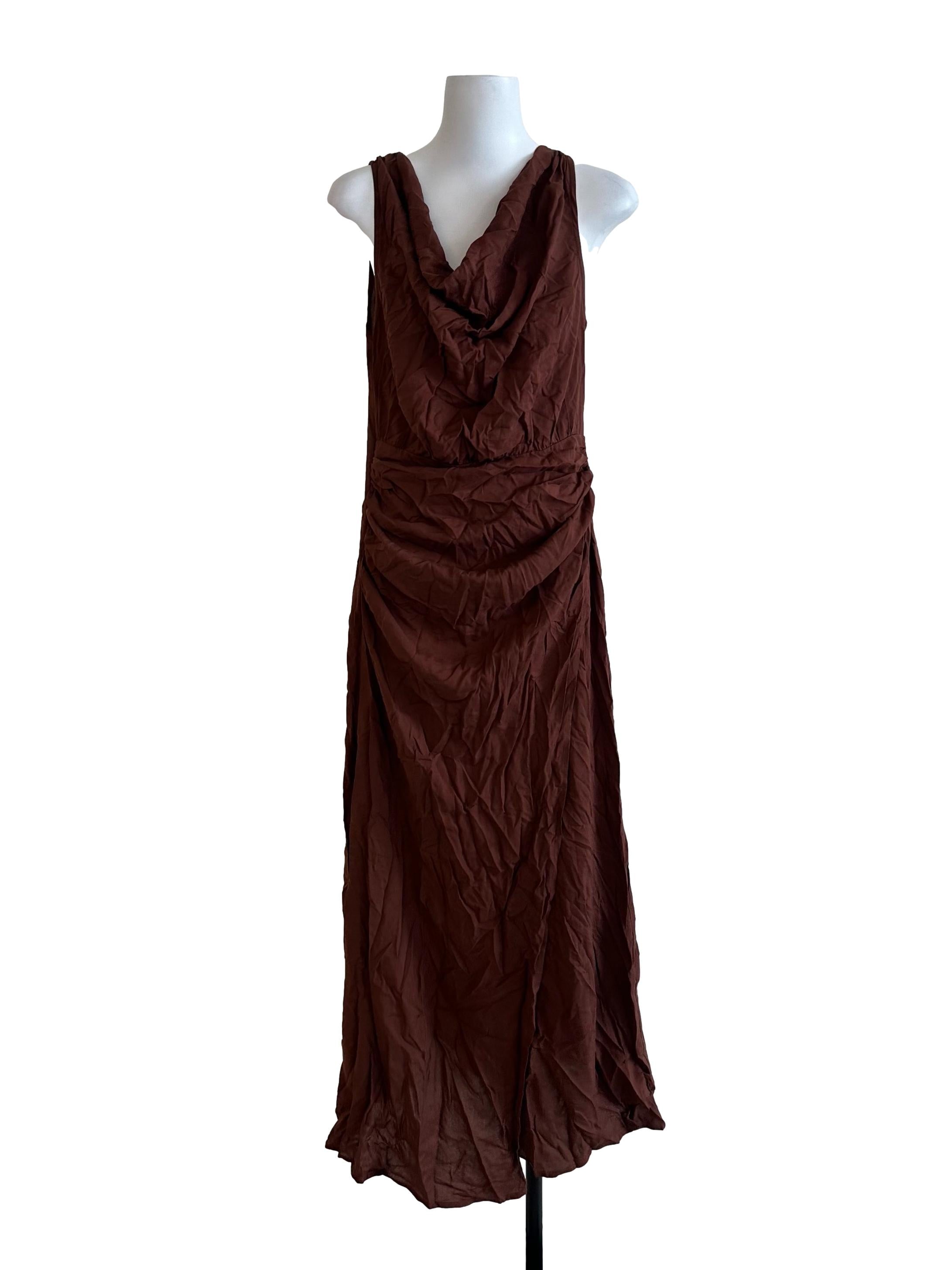 Rich Brown Cowl Neck Drape Slit Dress