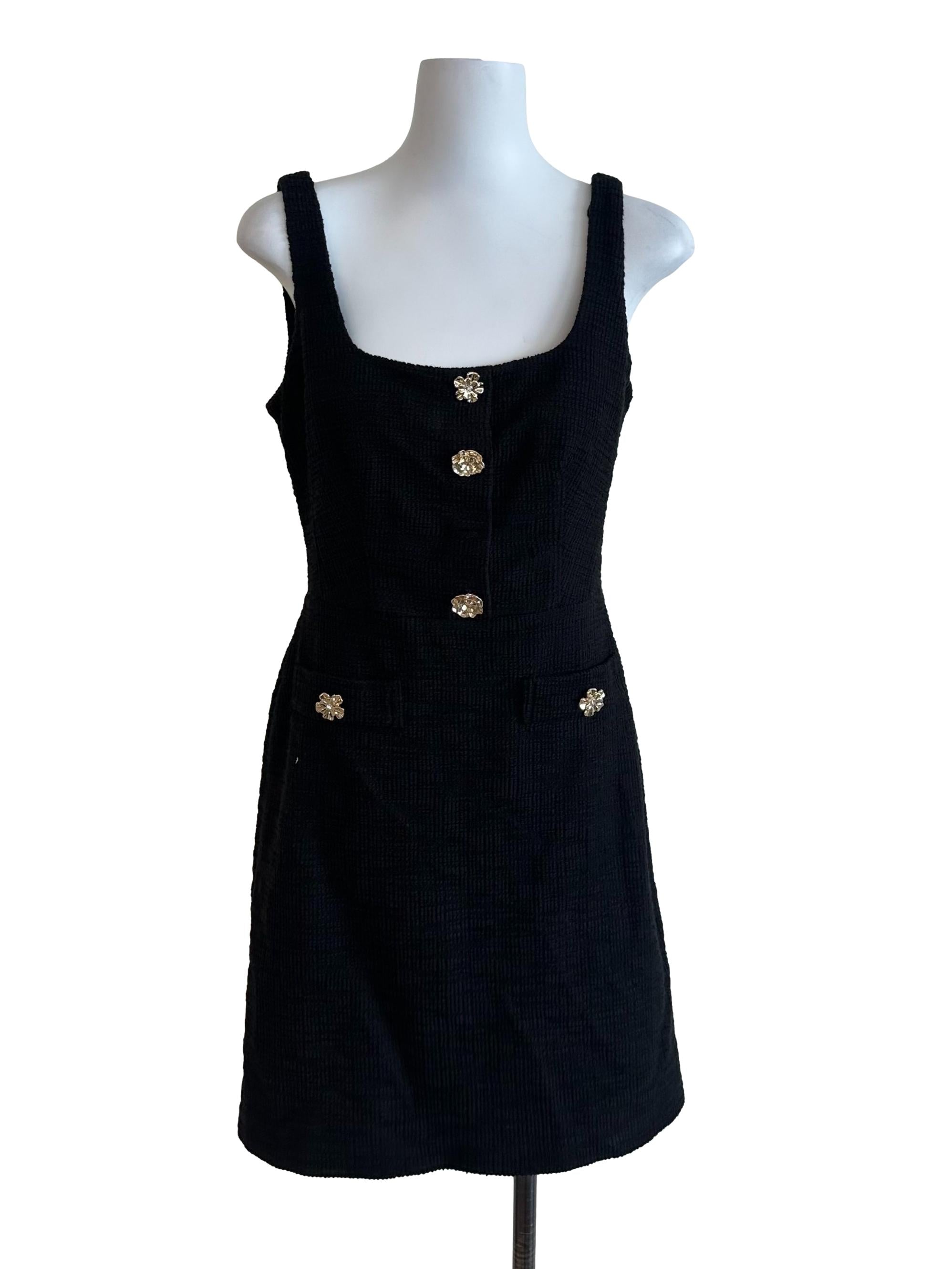 Rich Black Tweed Textured Button Dress