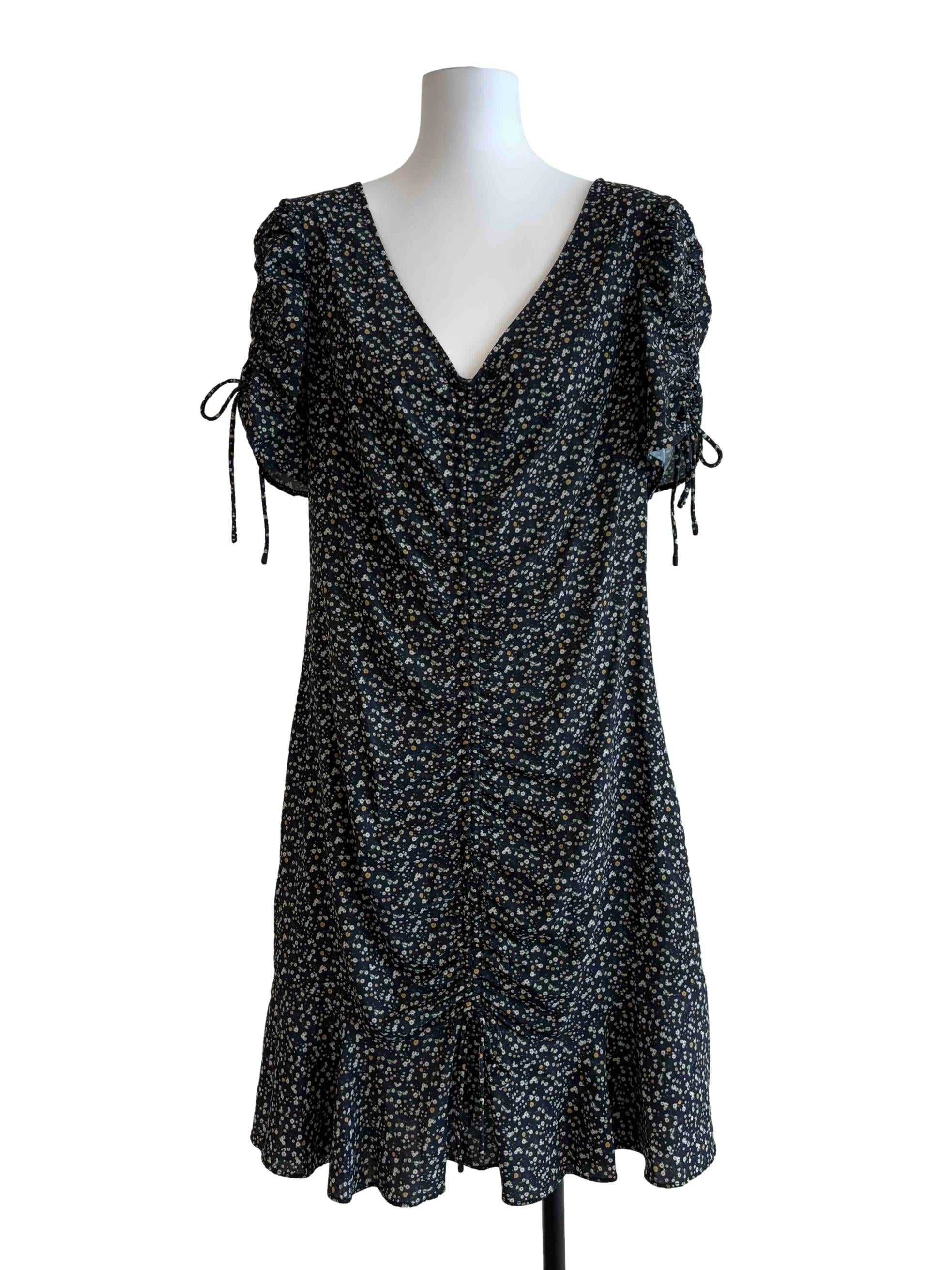 Jet Black Floral Print Ruched Dress