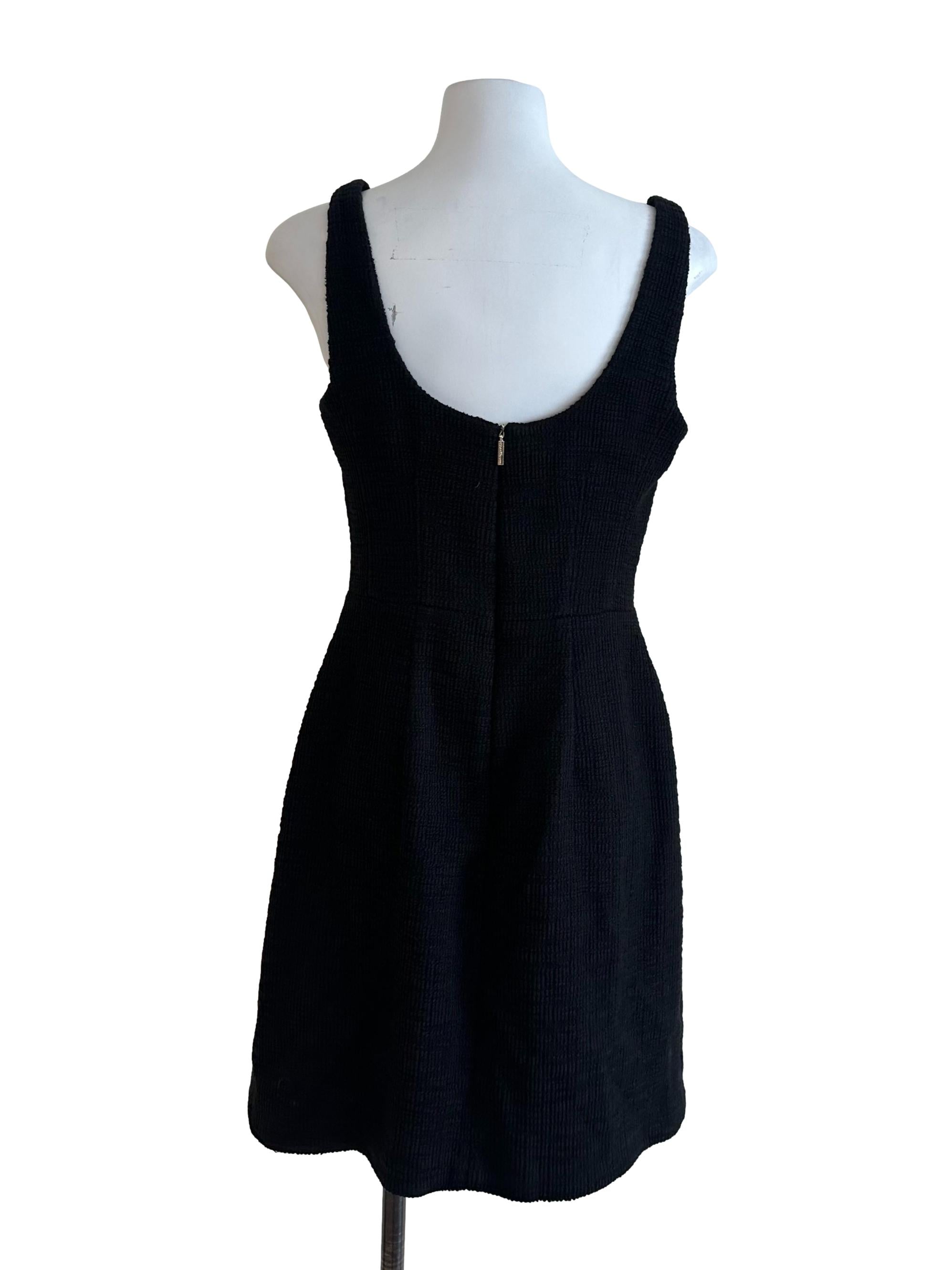 Rich Black Tweed Textured Button Dress