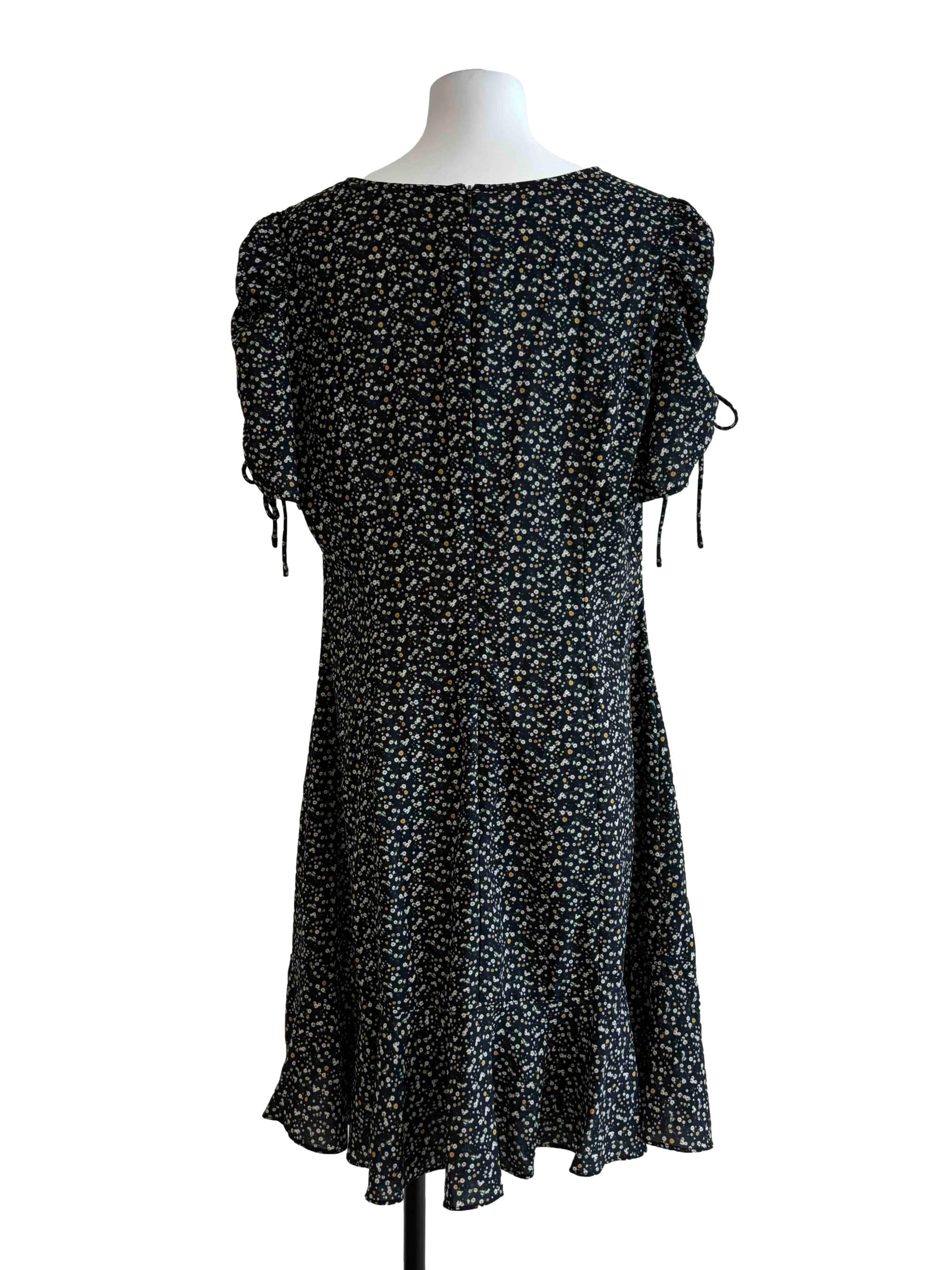 Jet Black Floral Print Ruched Dress