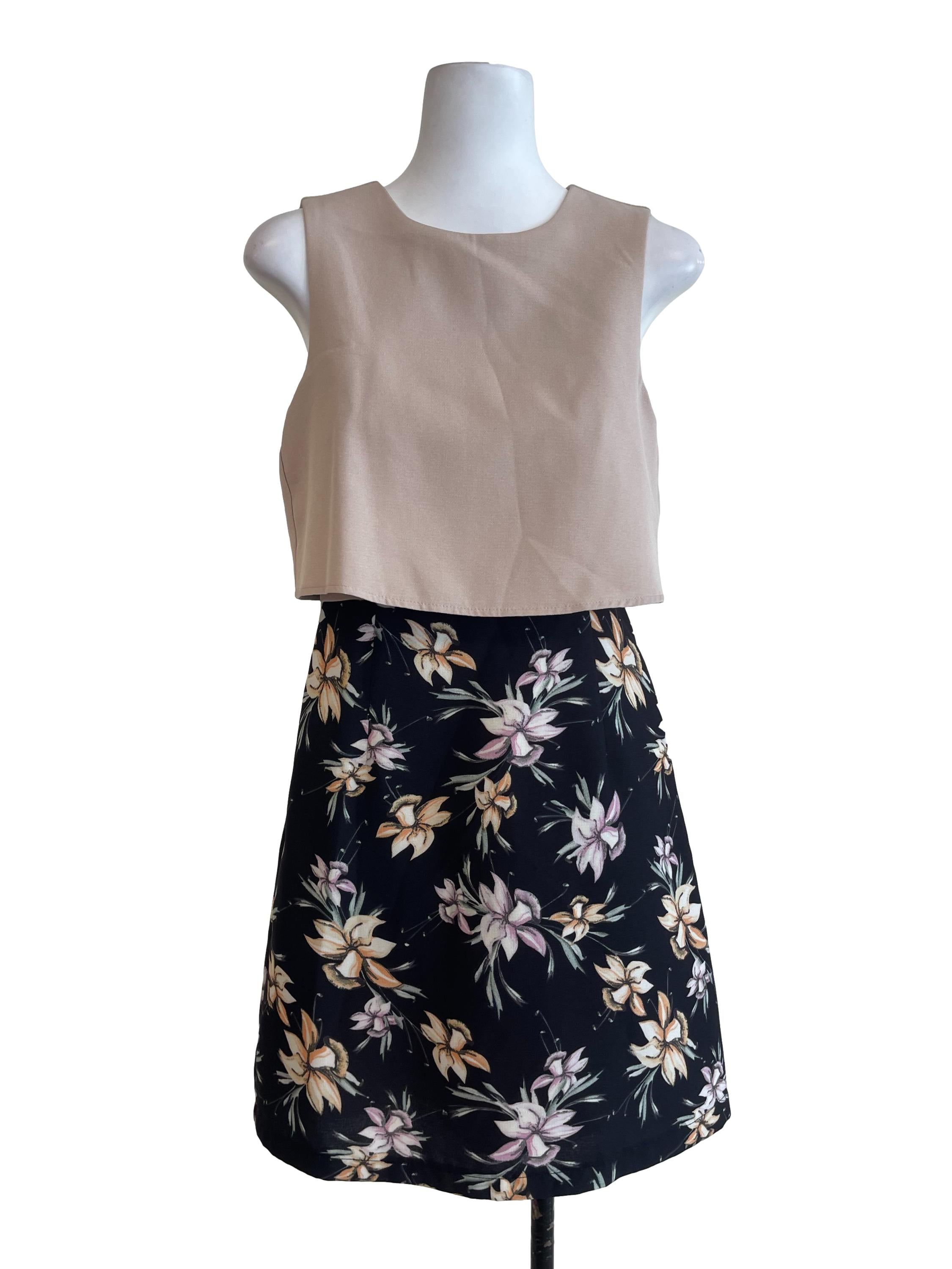 Beige Plain Top With Printed Floral Dress