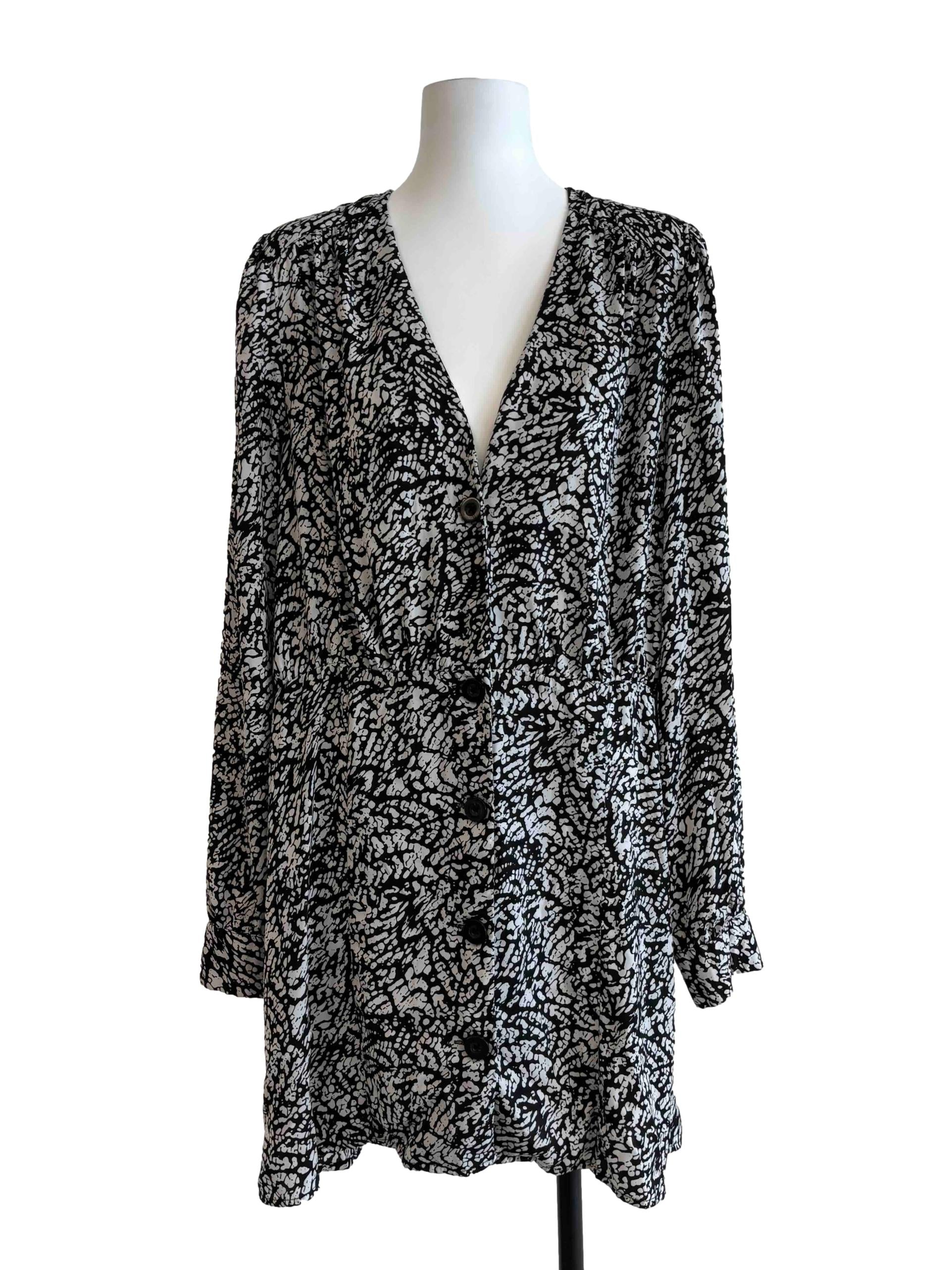 Black And White Print Buttoned Dress