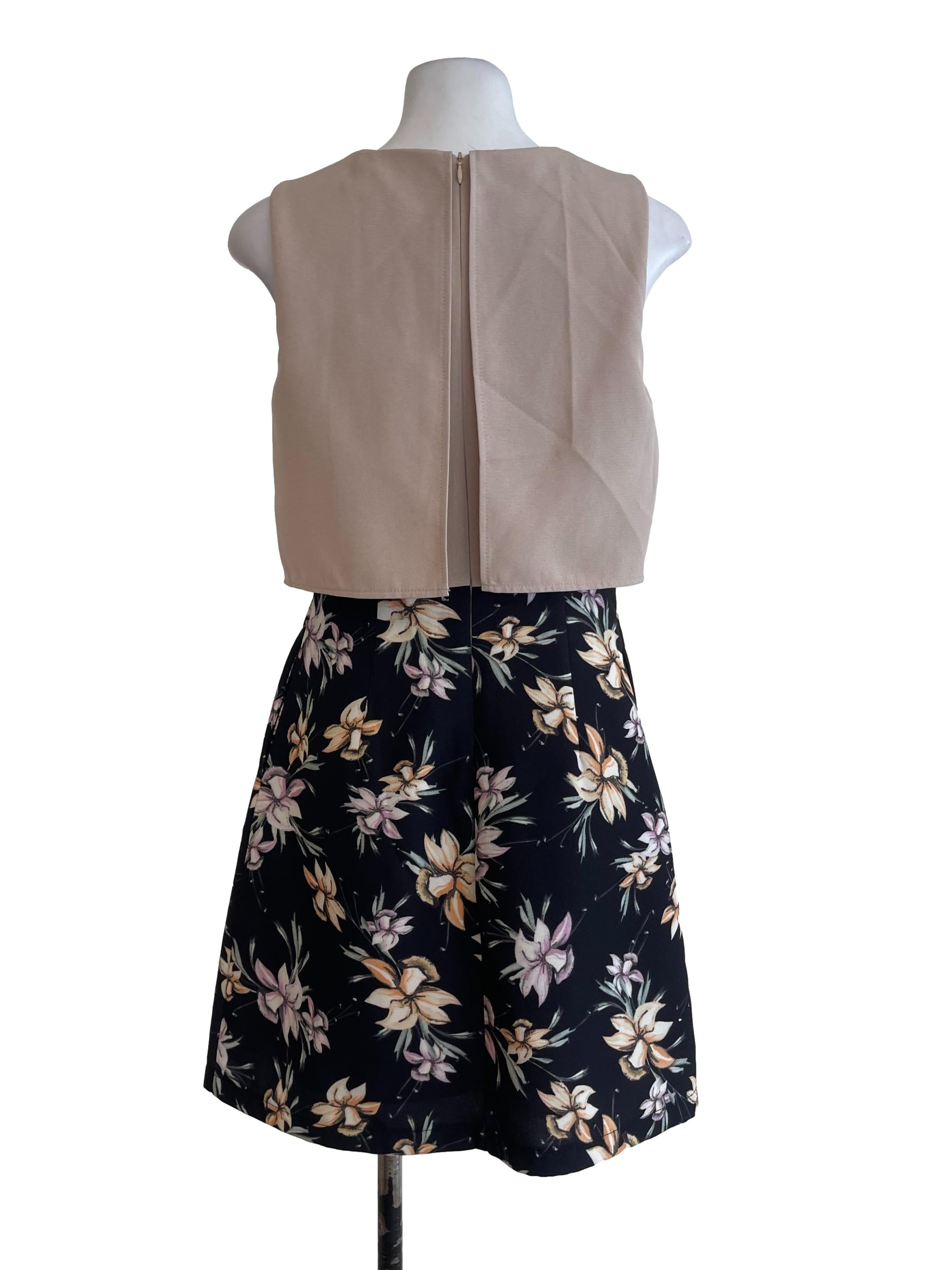 Beige Plain Top With Printed Floral Dress