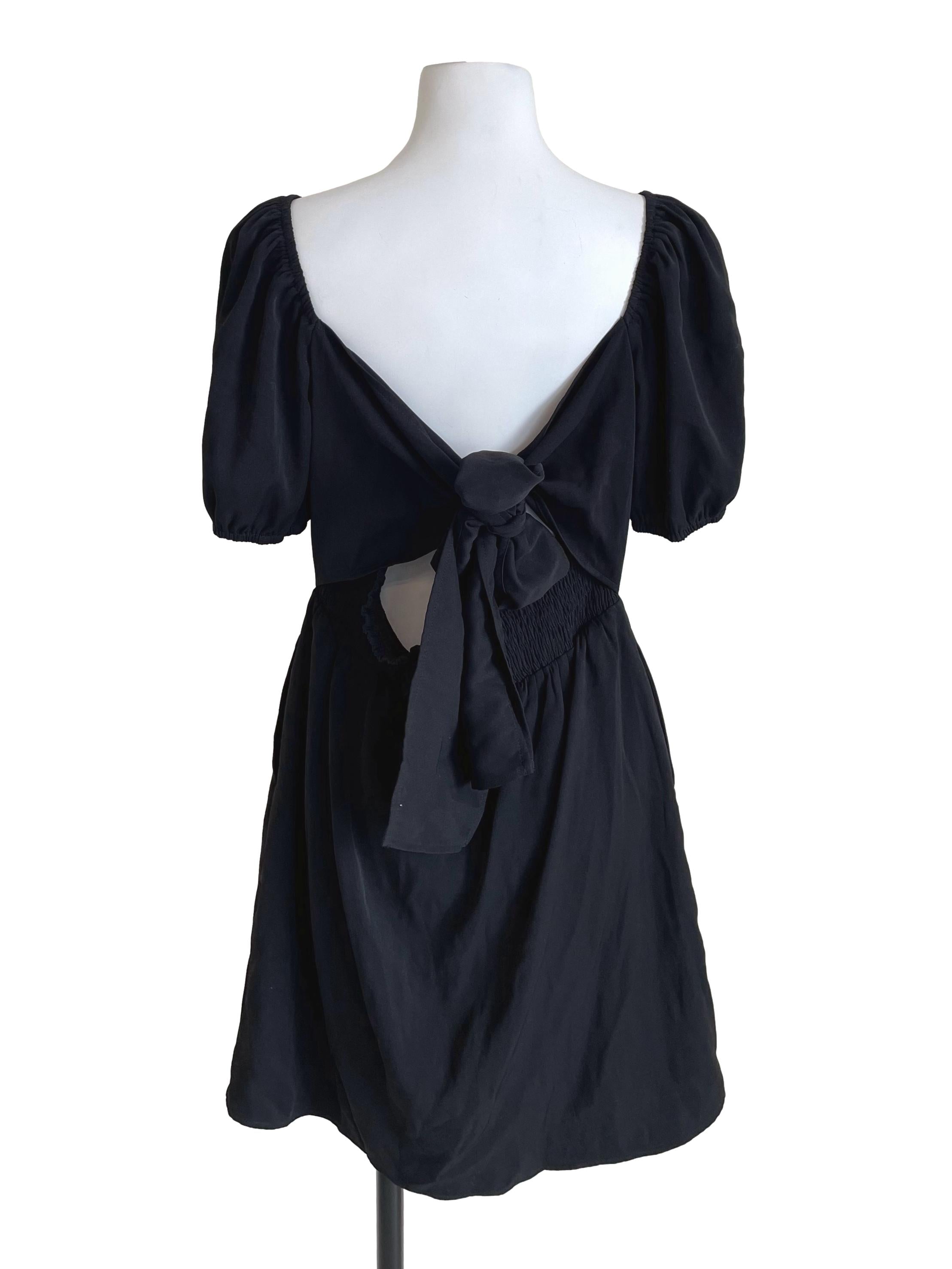 Black Tie Bow Puff Sleeves Dress