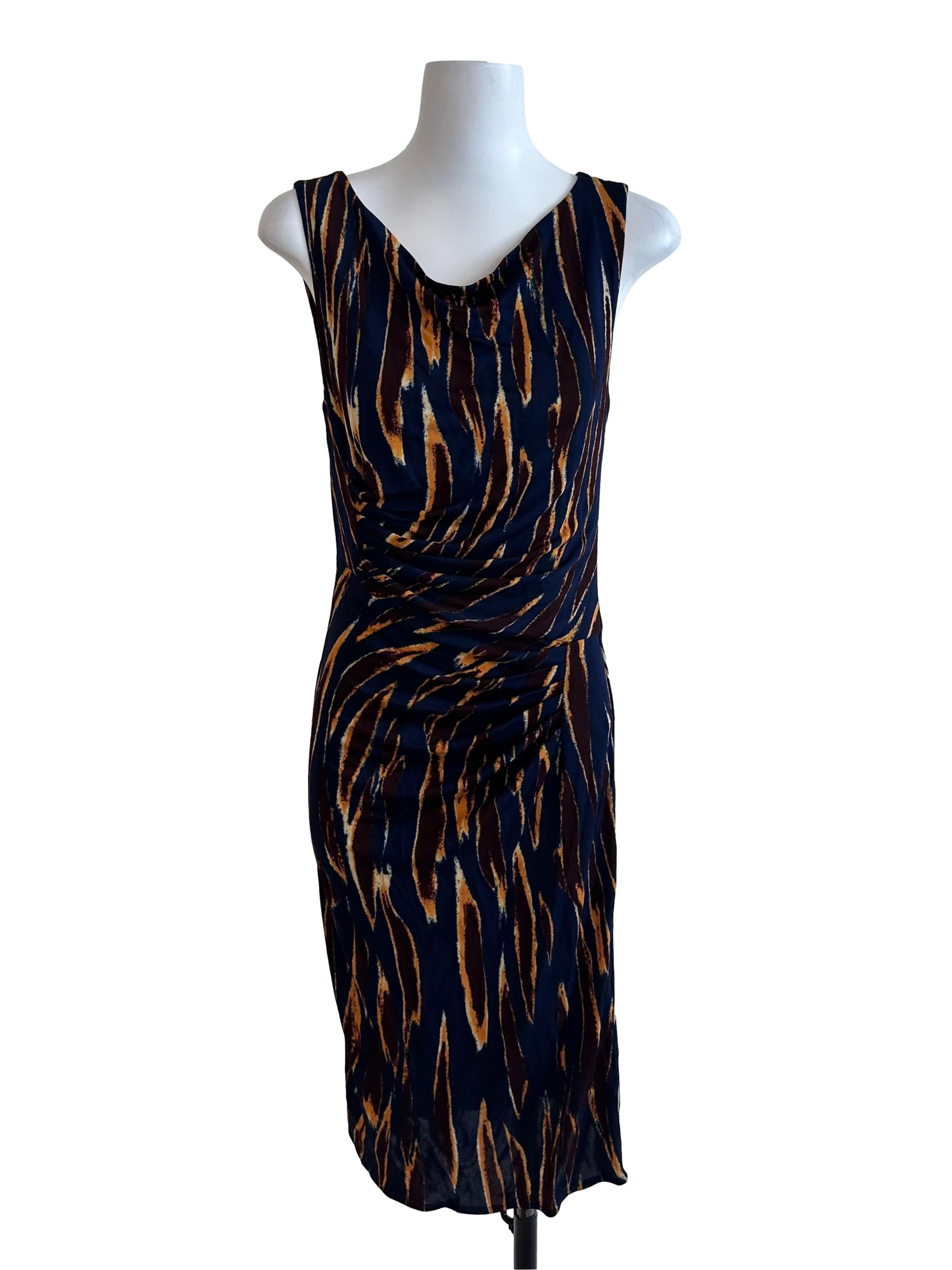 Blue Yellow Pattern Ruched Dress