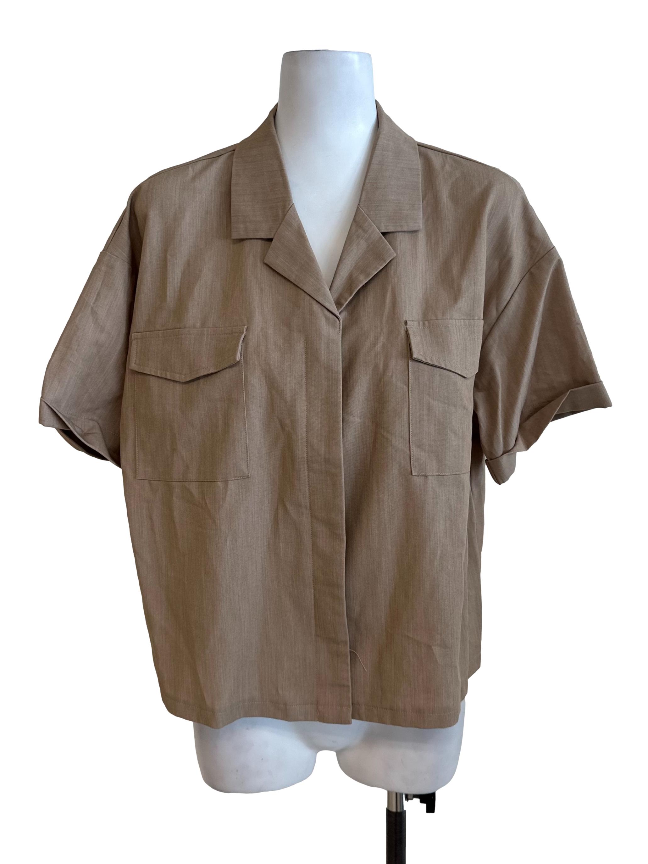 Latte Brown Collar Short Sleeve Top
