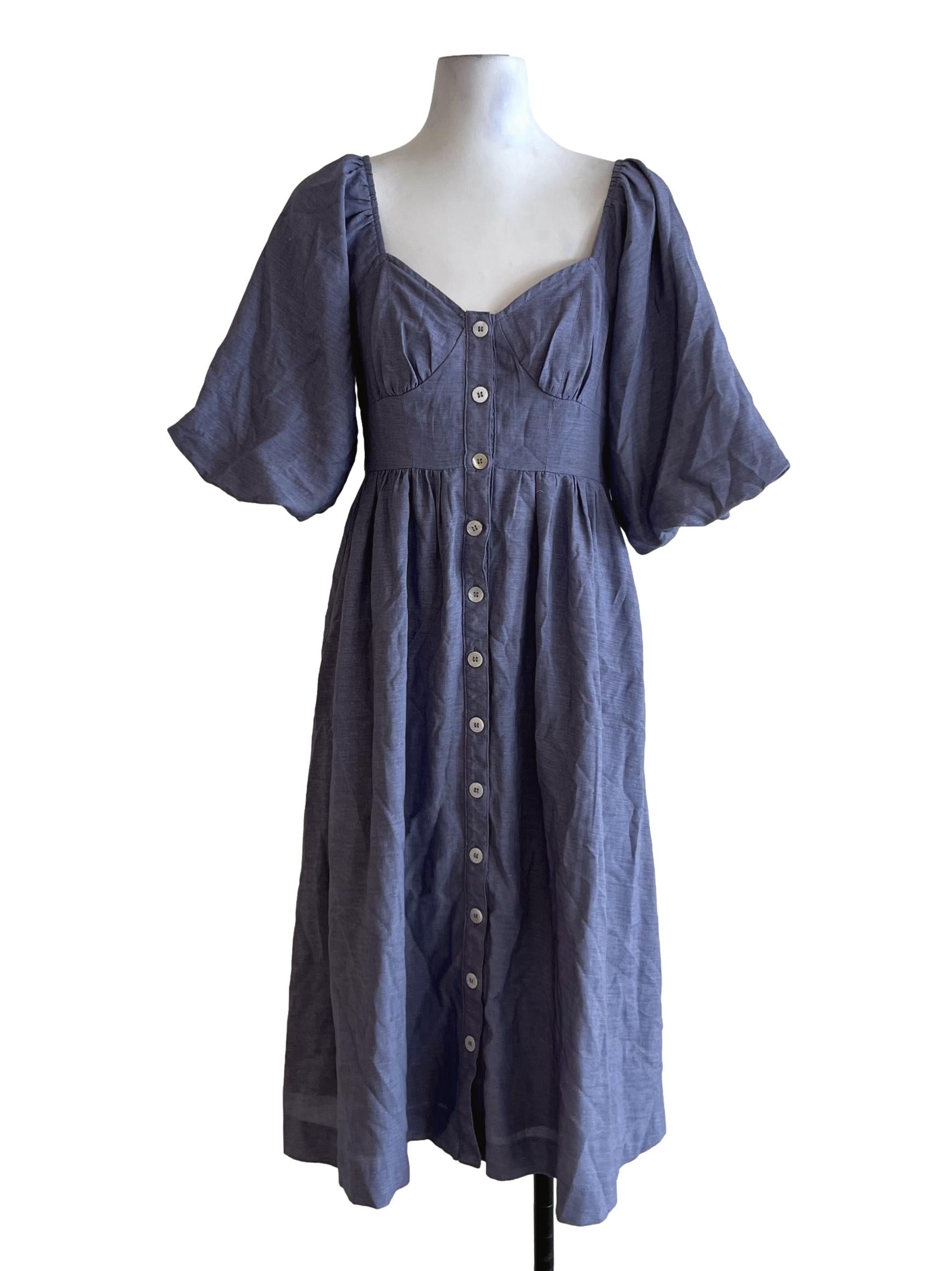 Blue Square Neckline Empire Dress