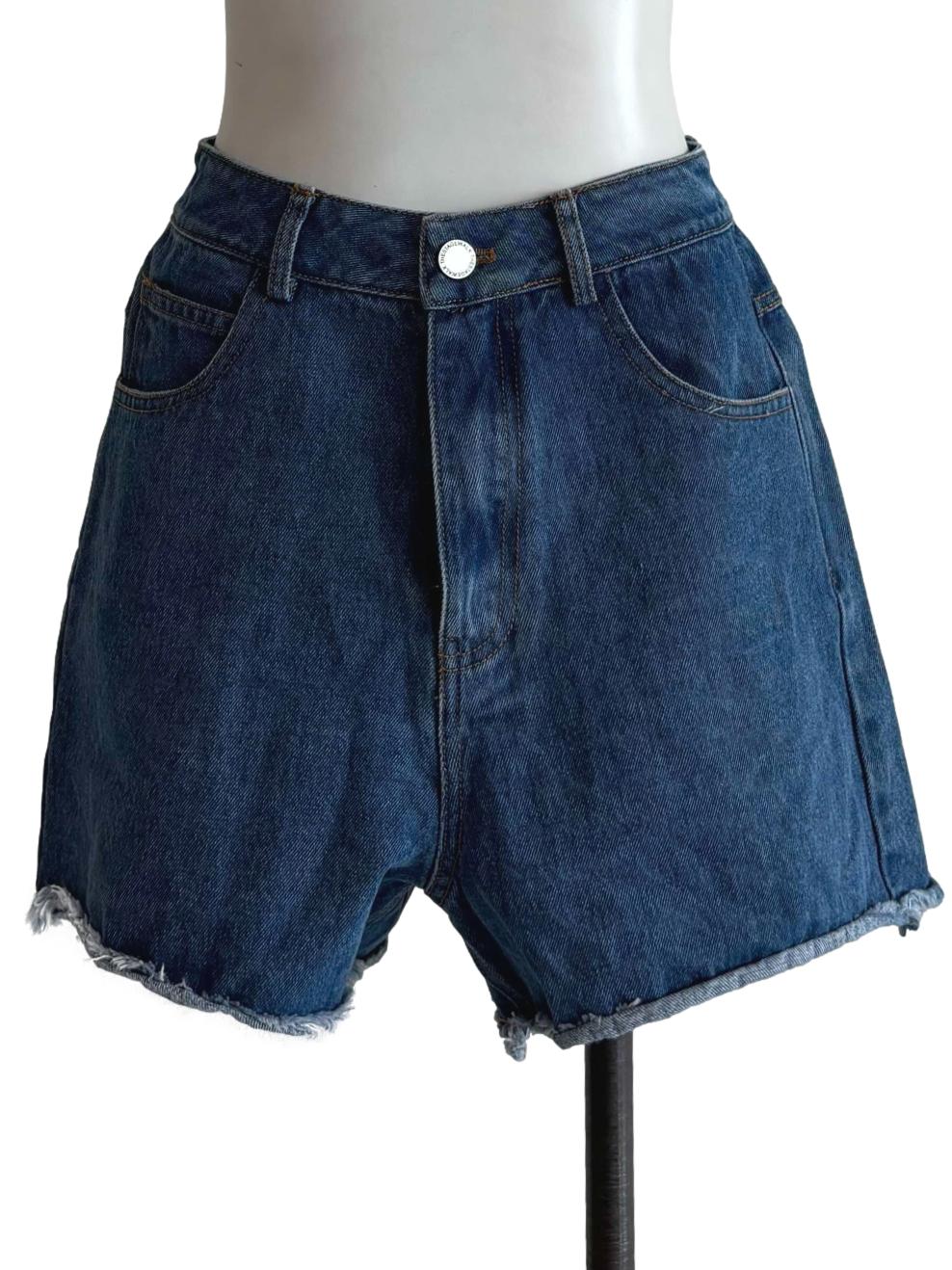 Denim Blue Frayed Hem Jean Shorts