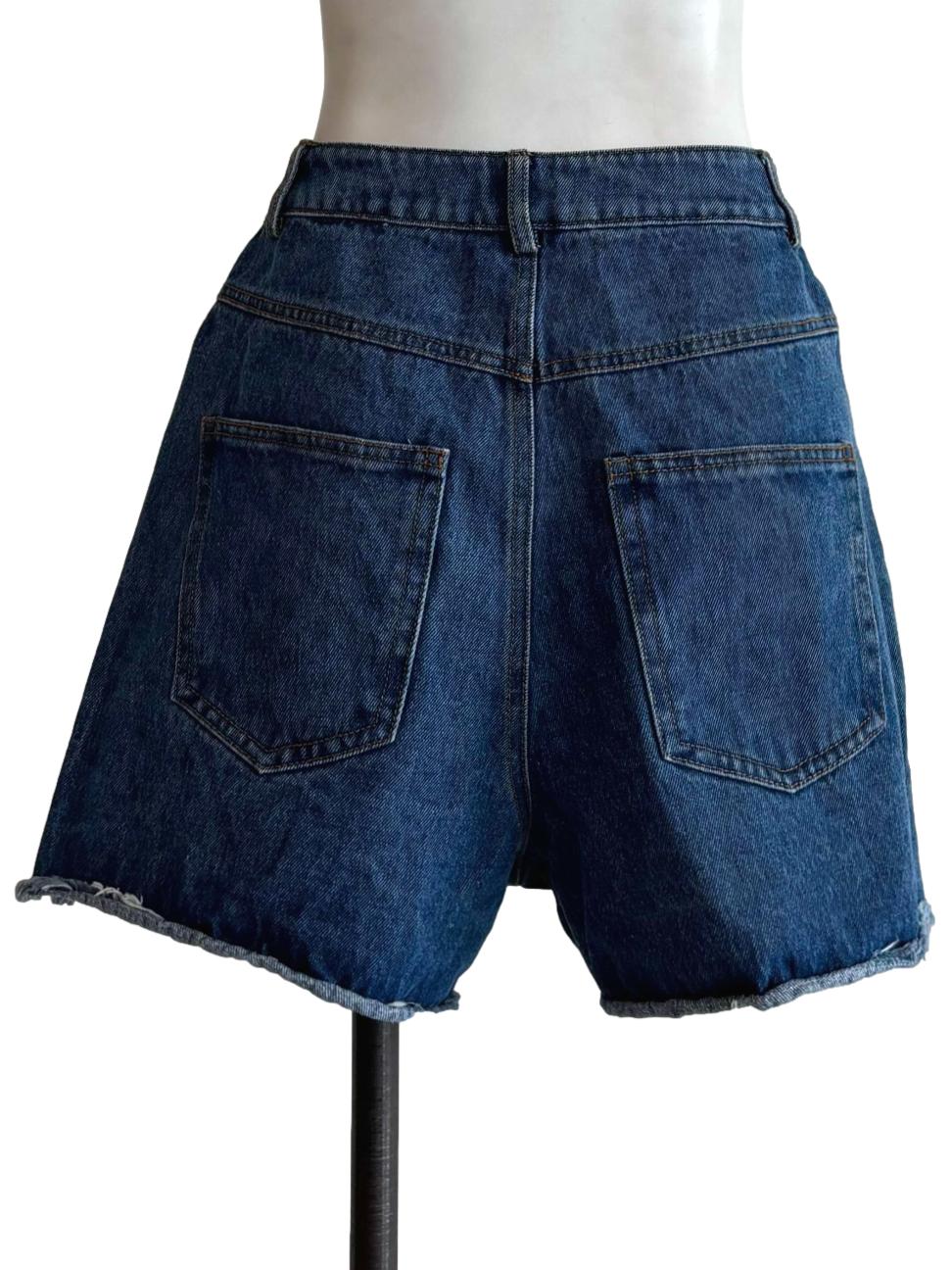 Denim Blue Frayed Hem Jean Shorts