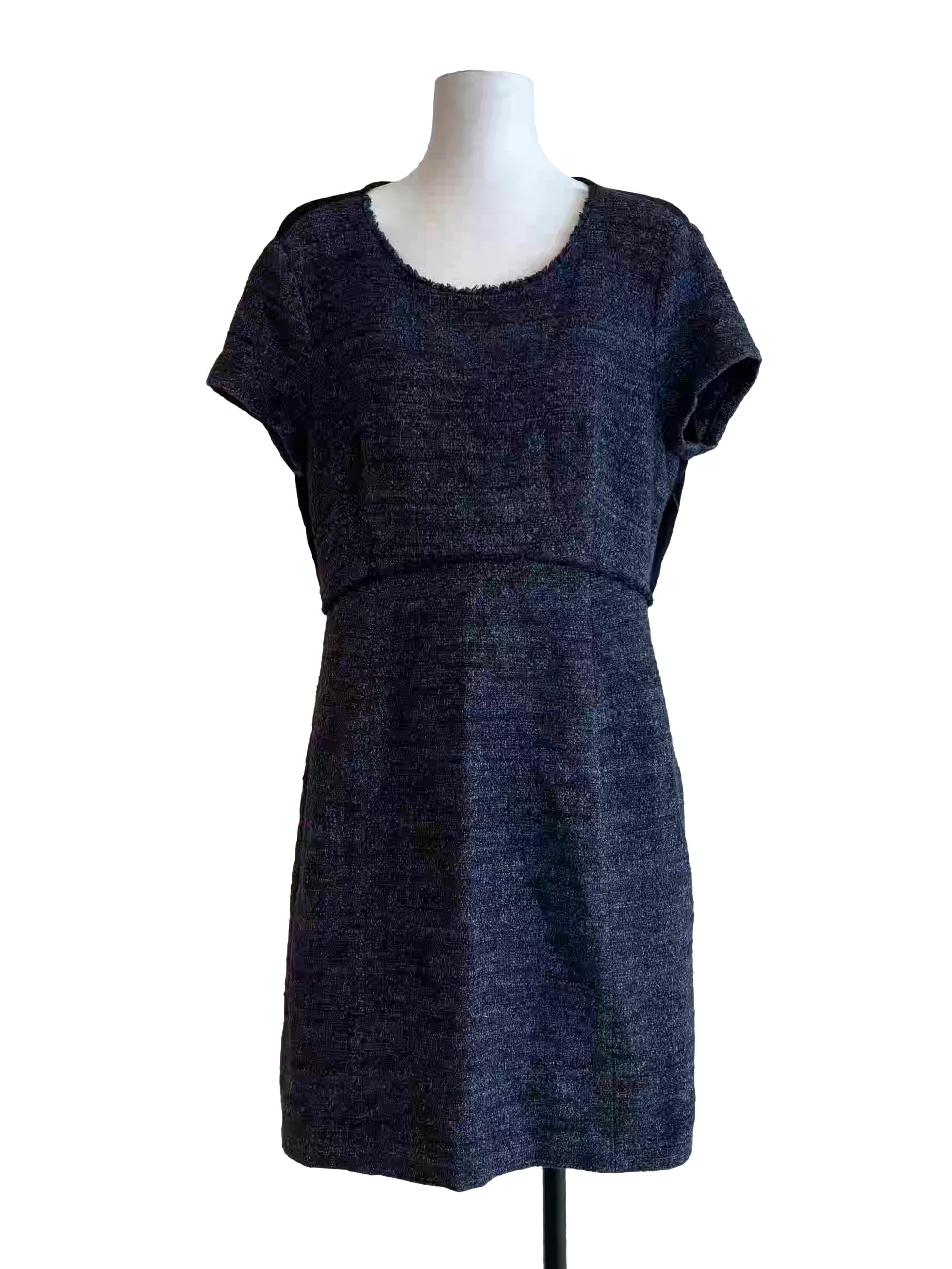Navy Blue Textured Short Sleeve A-Line Dress
