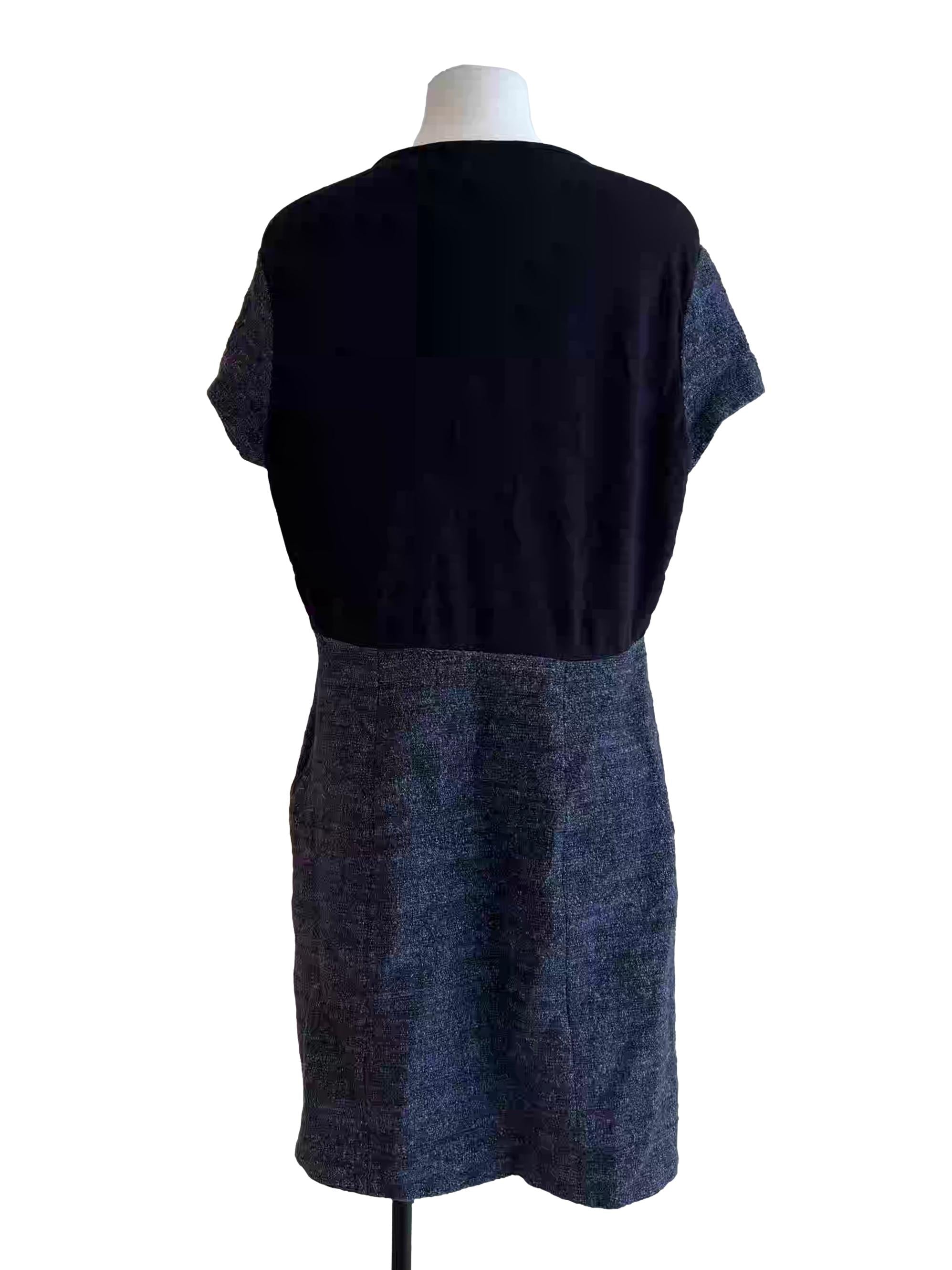 Navy Blue Textured Short Sleeve A-Line Dress