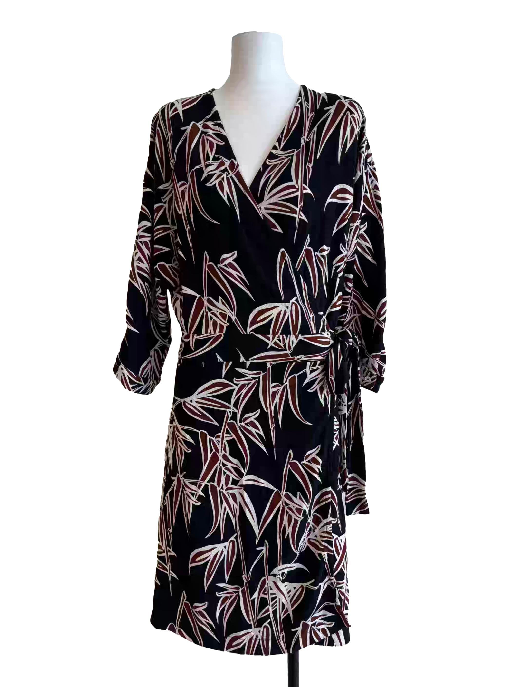 Midnight Blue With Leaf Print Wrap Dress