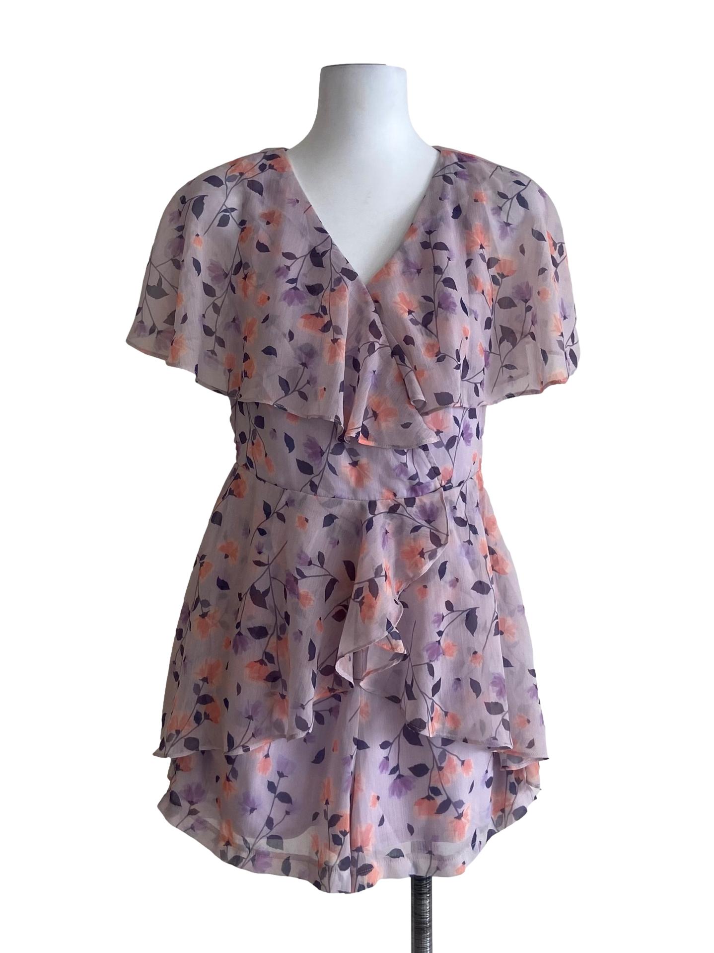 Purple Floral Ruffled V-Neck Romper
