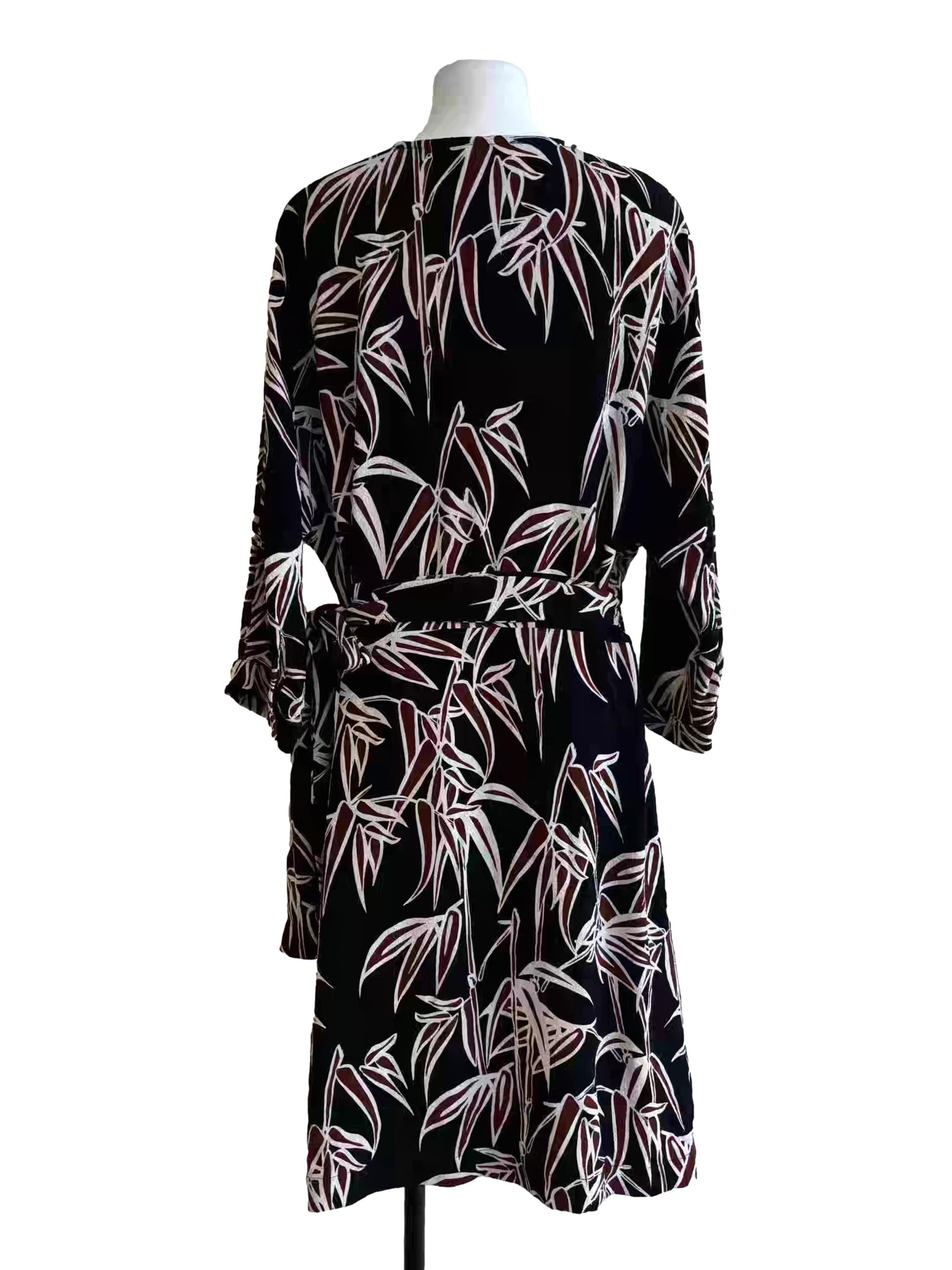 Midnight Blue With Leaf Print Wrap Dress