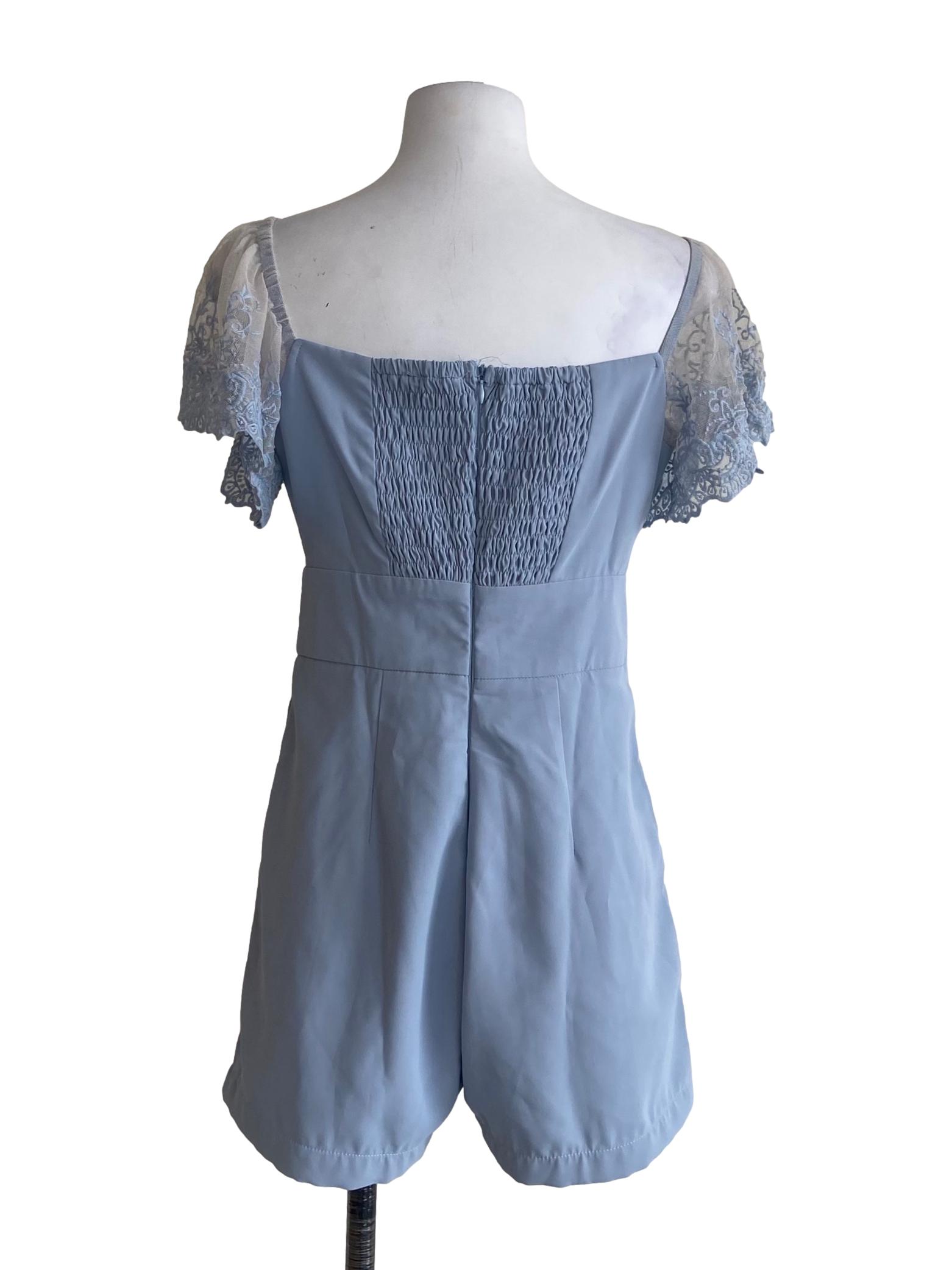 Sky Blue Floral Lace Herringbone Romper