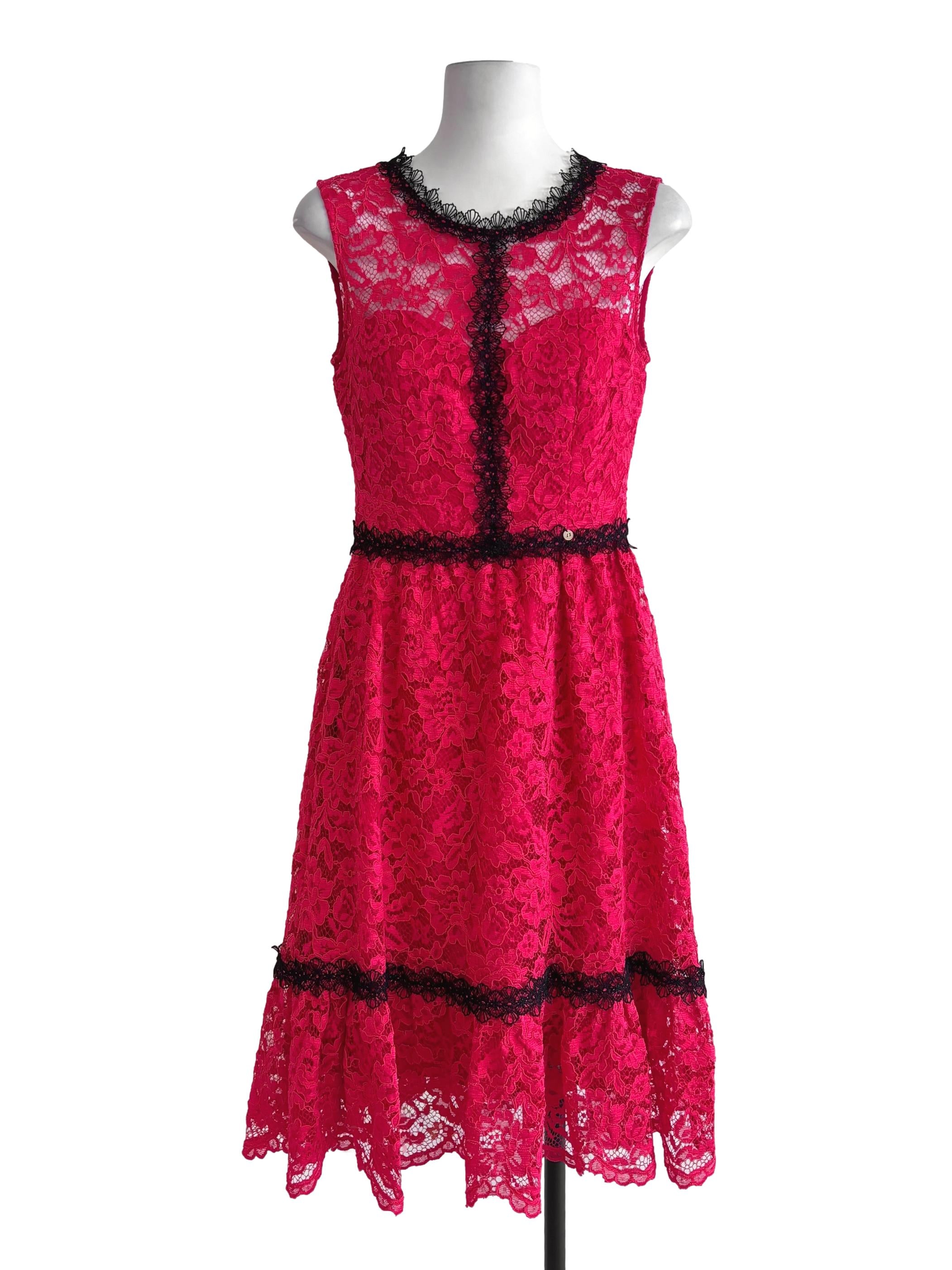 Rose Red Floral Lace Drop Waist Sleeveless Dress
