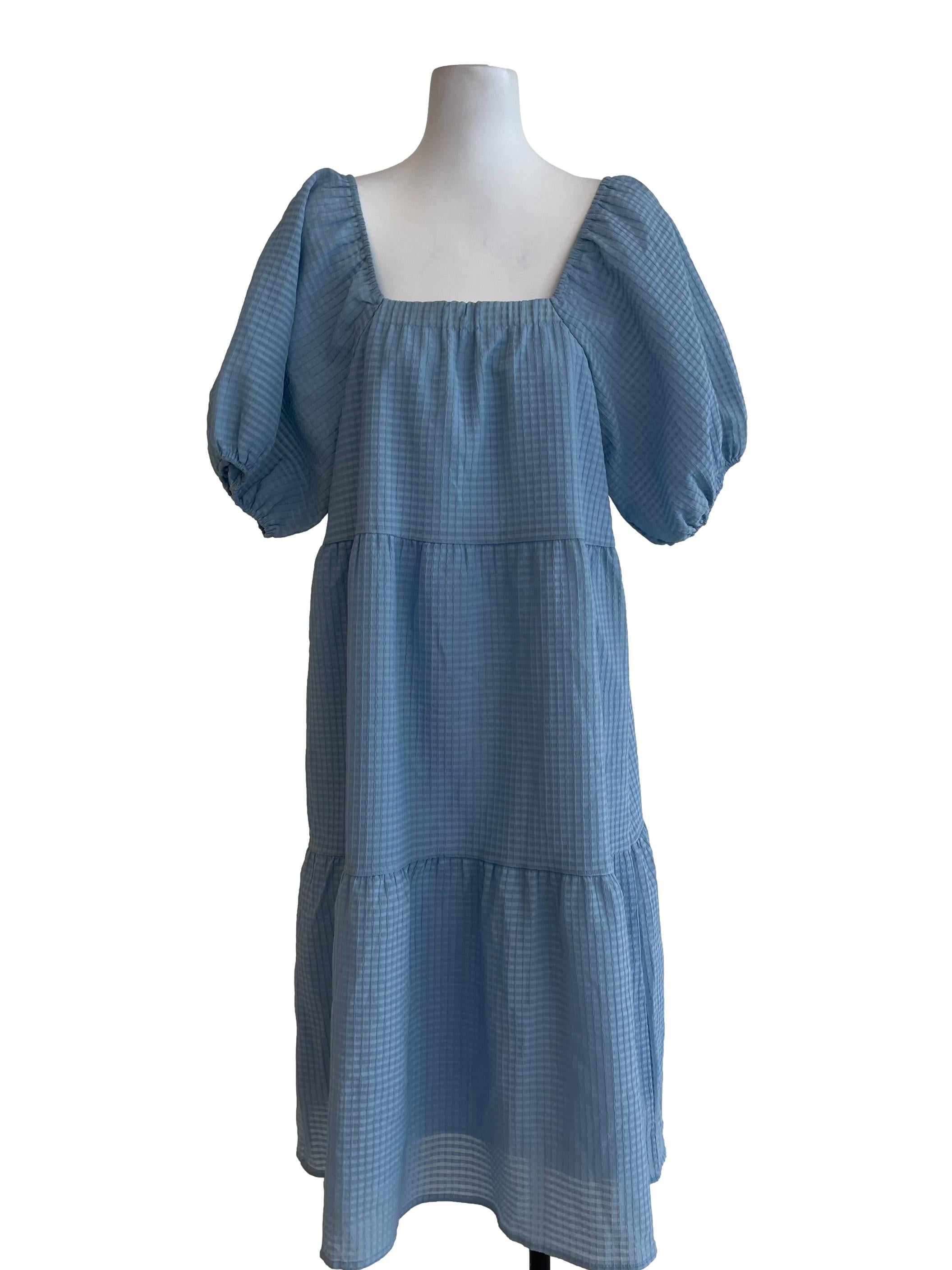 Baby Blue Checkered Puffed Tiered Dress