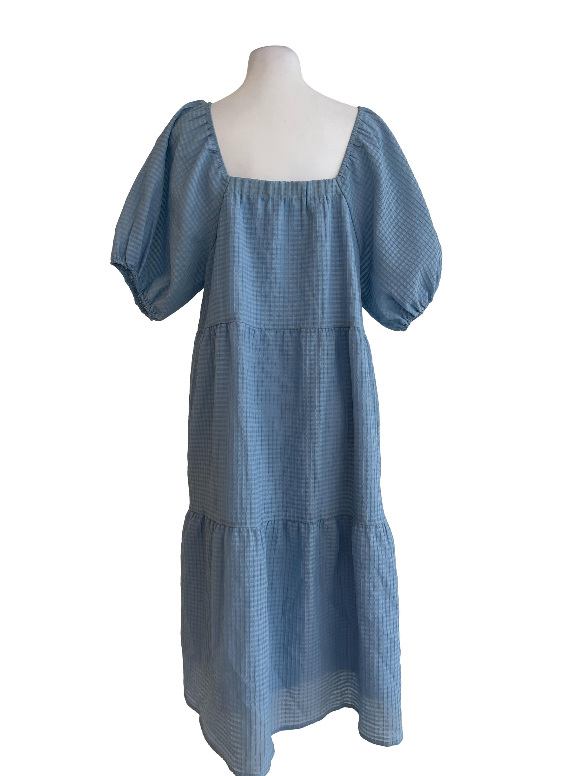 Baby Blue Checkered Puffed Tiered Dress