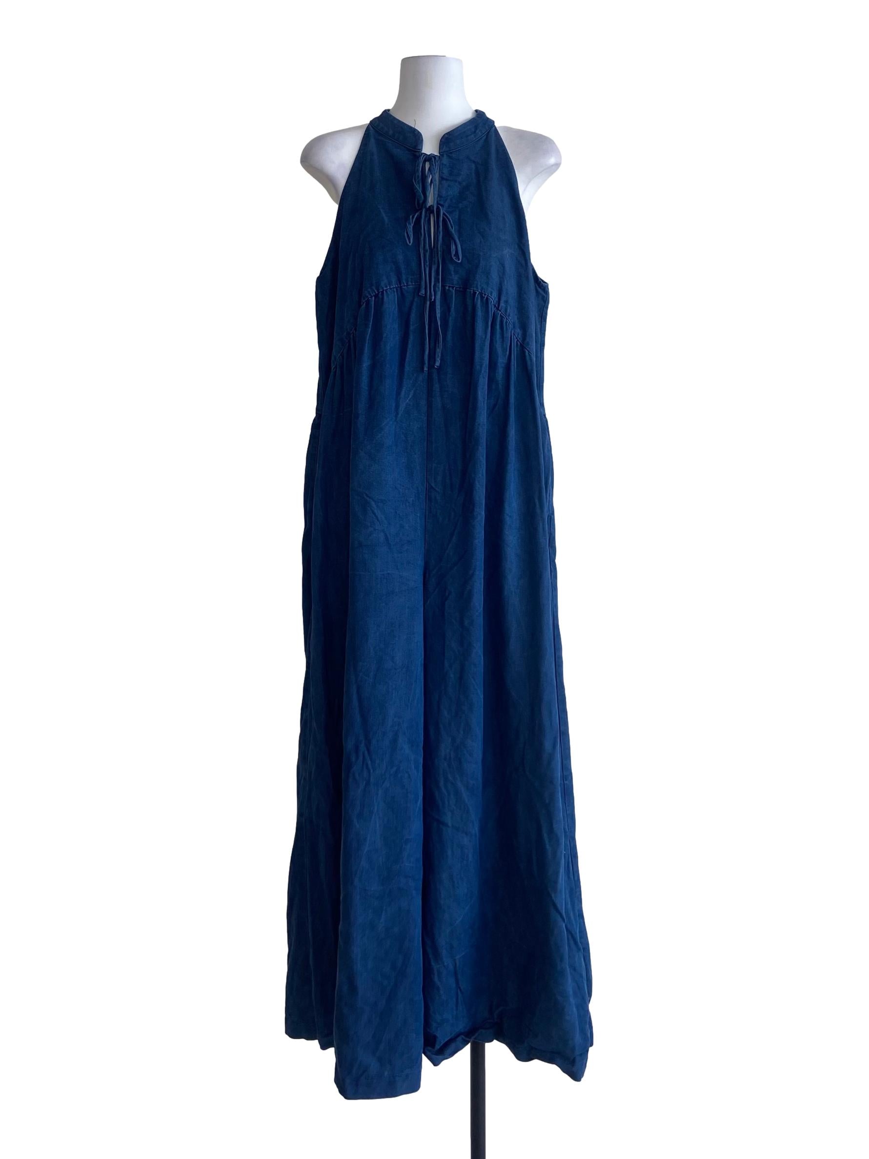 Denim Blue Sleeveless Herringbone Jeans Jumpsuit