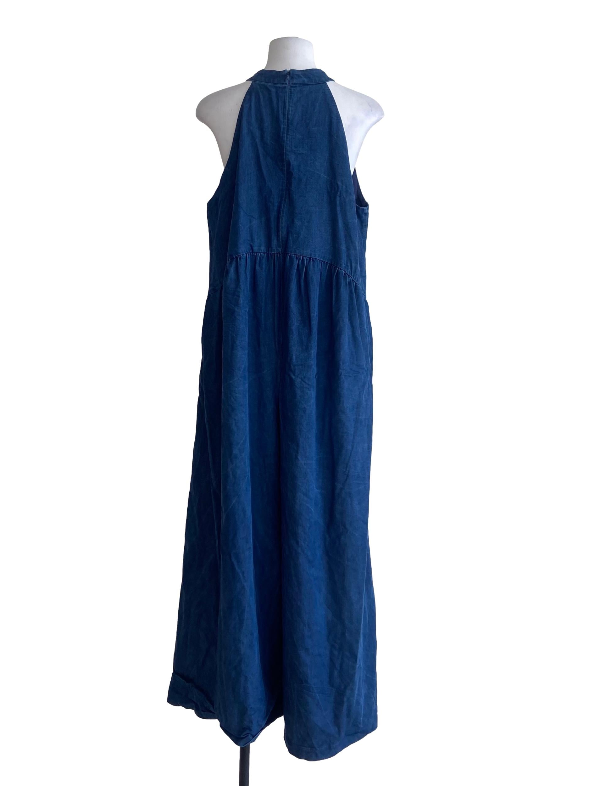 Denim Blue Sleeveless Herringbone Jeans Jumpsuit