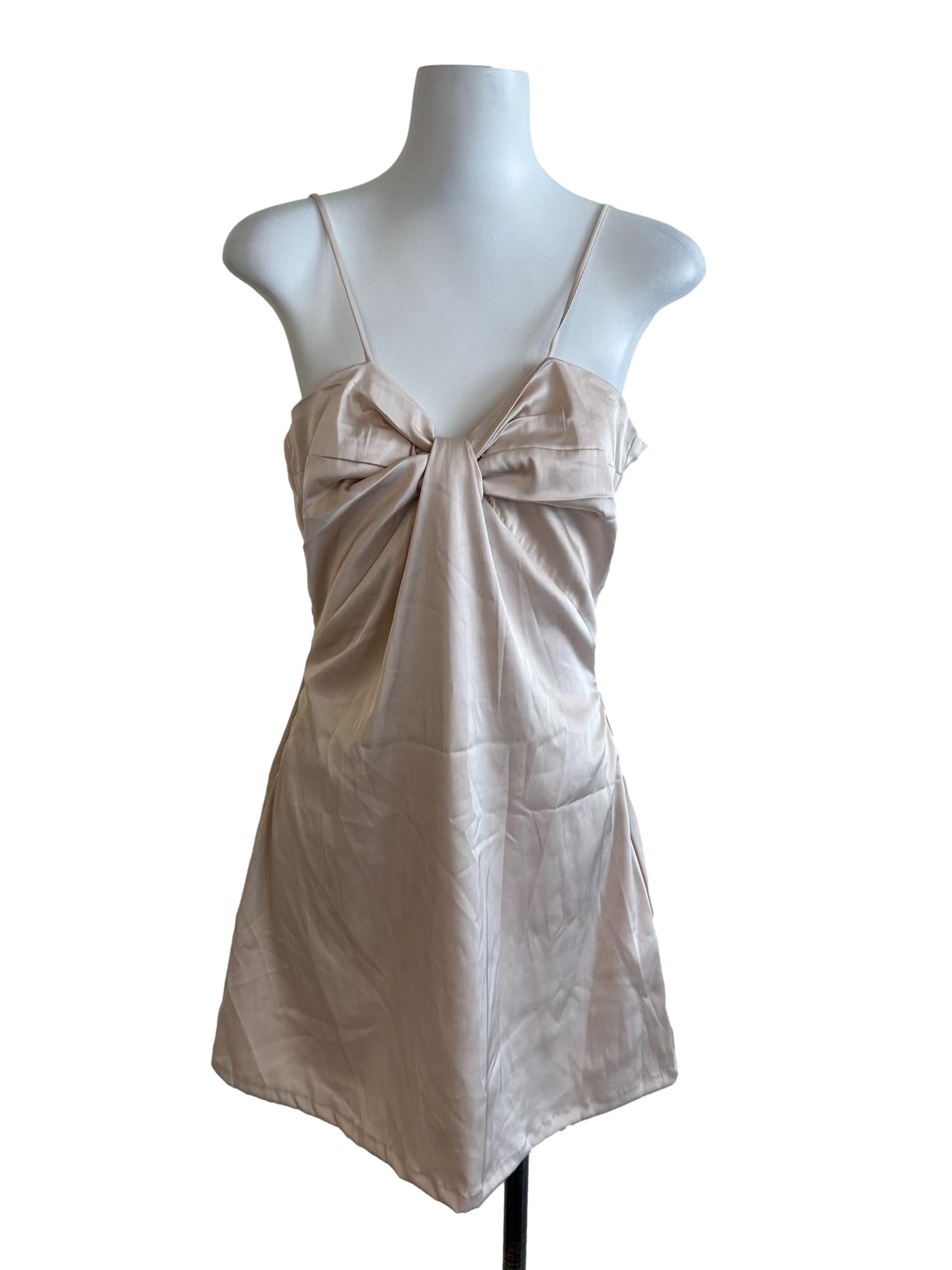 Sepia Beige Ribbon Satin Dress