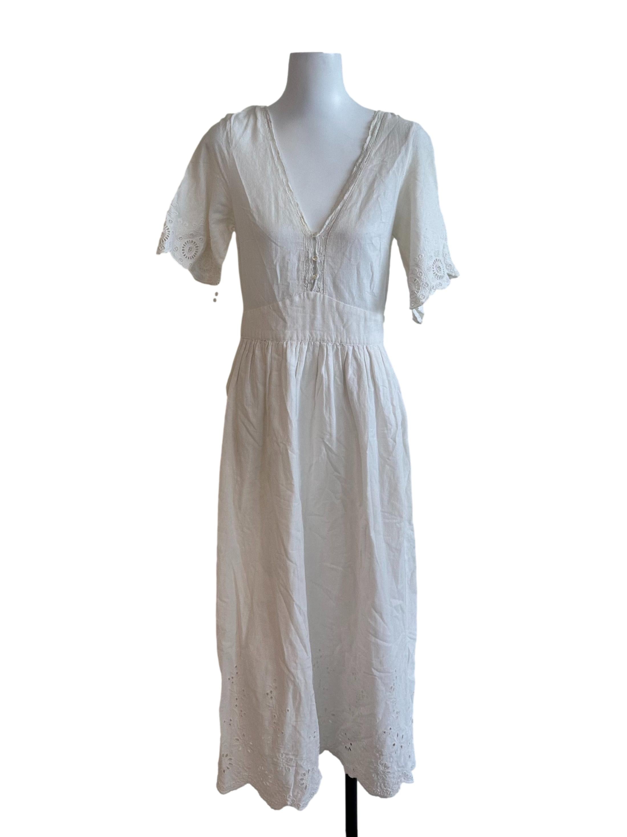 Pearl White V Neck Embroidery Button Dress