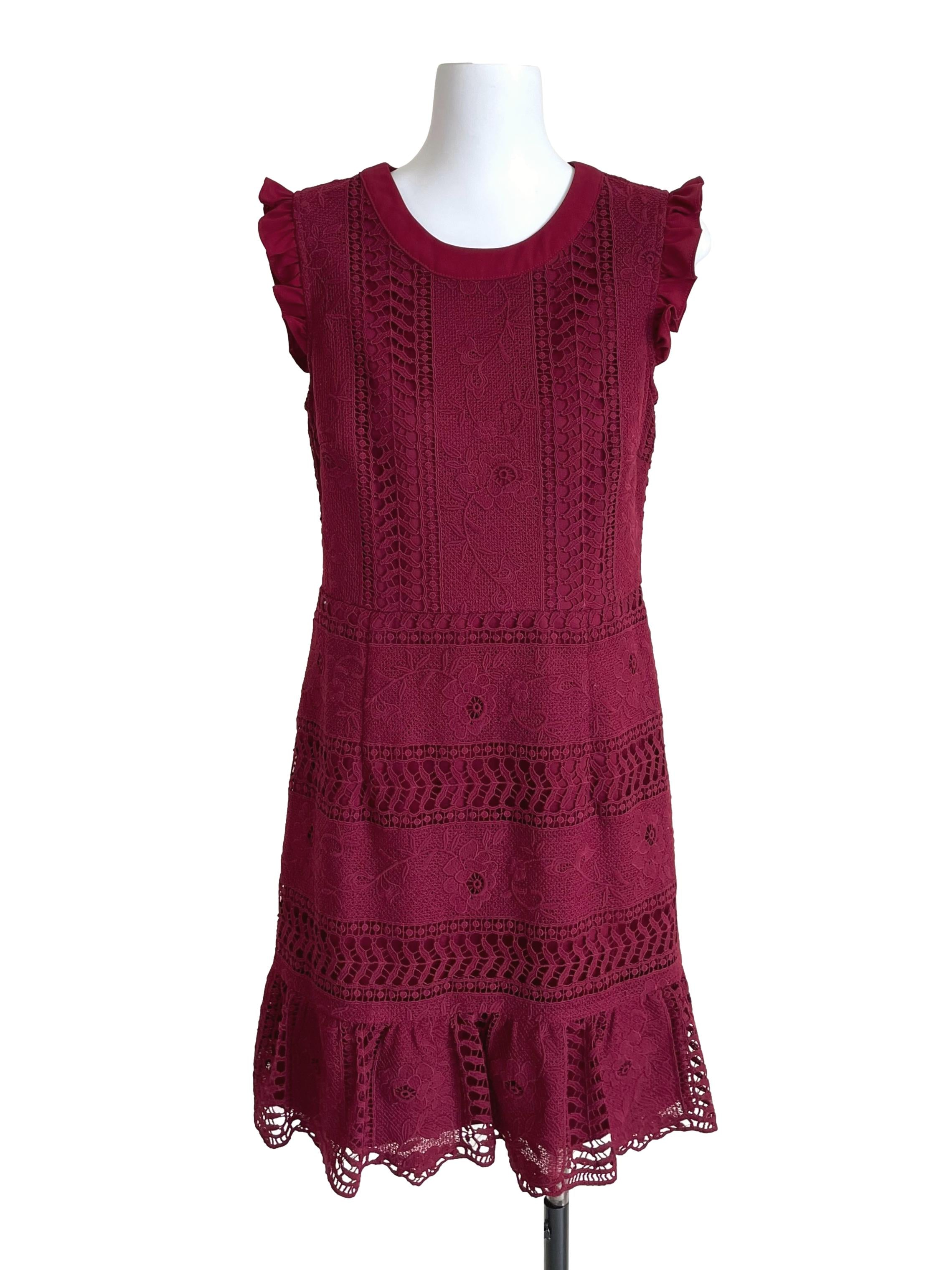 Wine Embroidery Scoop Neck Dress