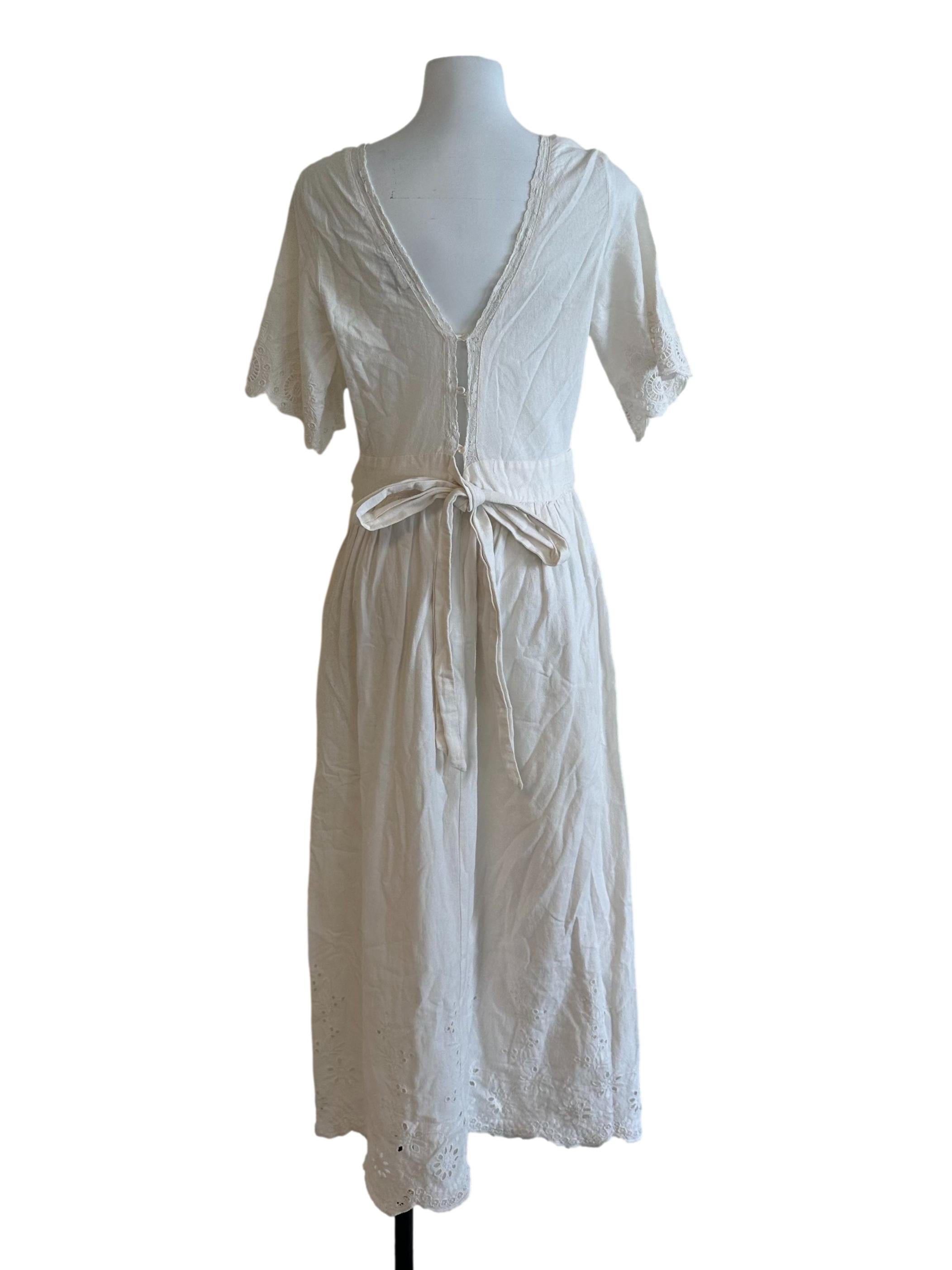 Pearl White V Neck Embroidery Button Dress