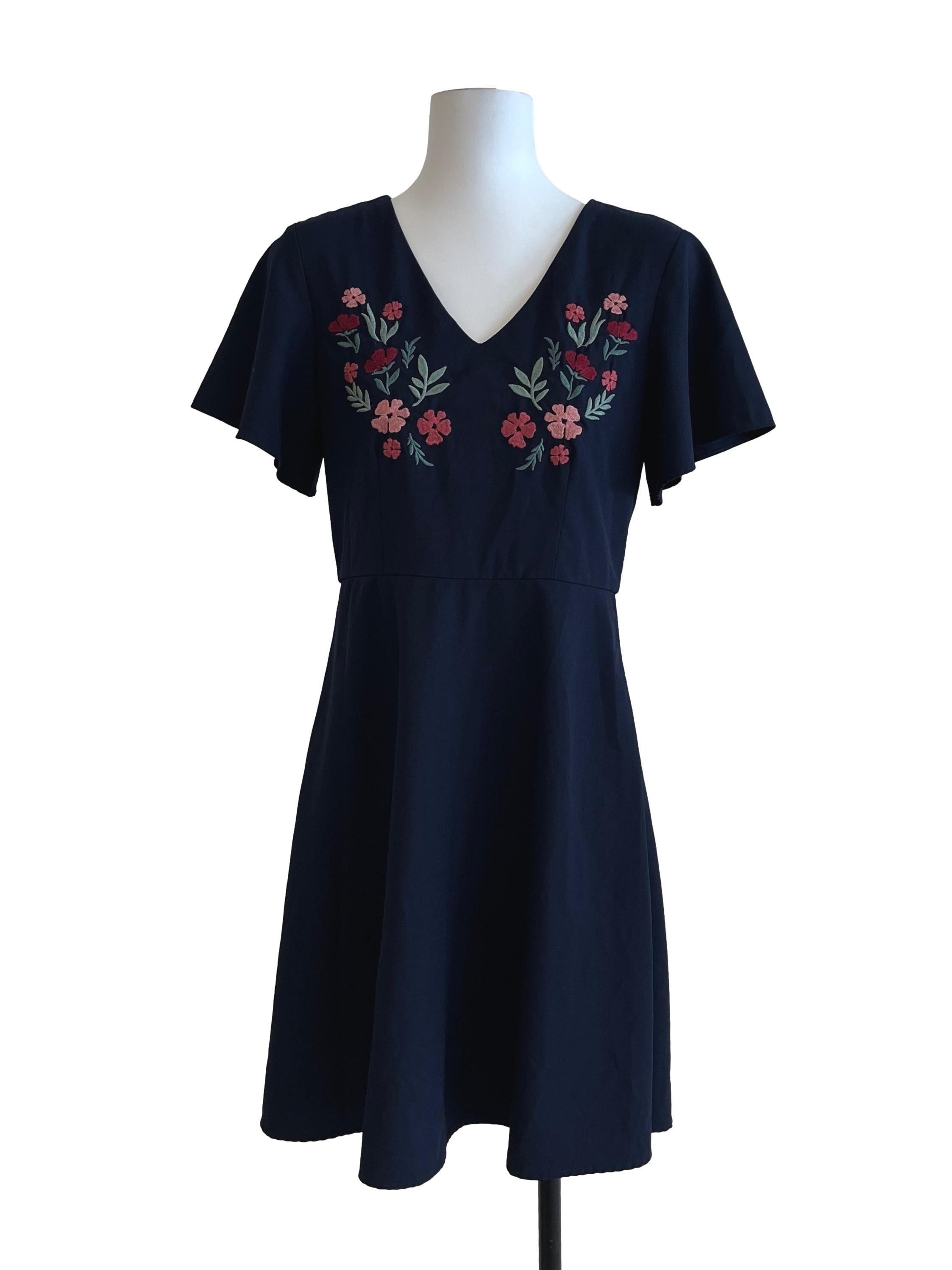 Peacock Blue Flower Embroidery V Neck Dress