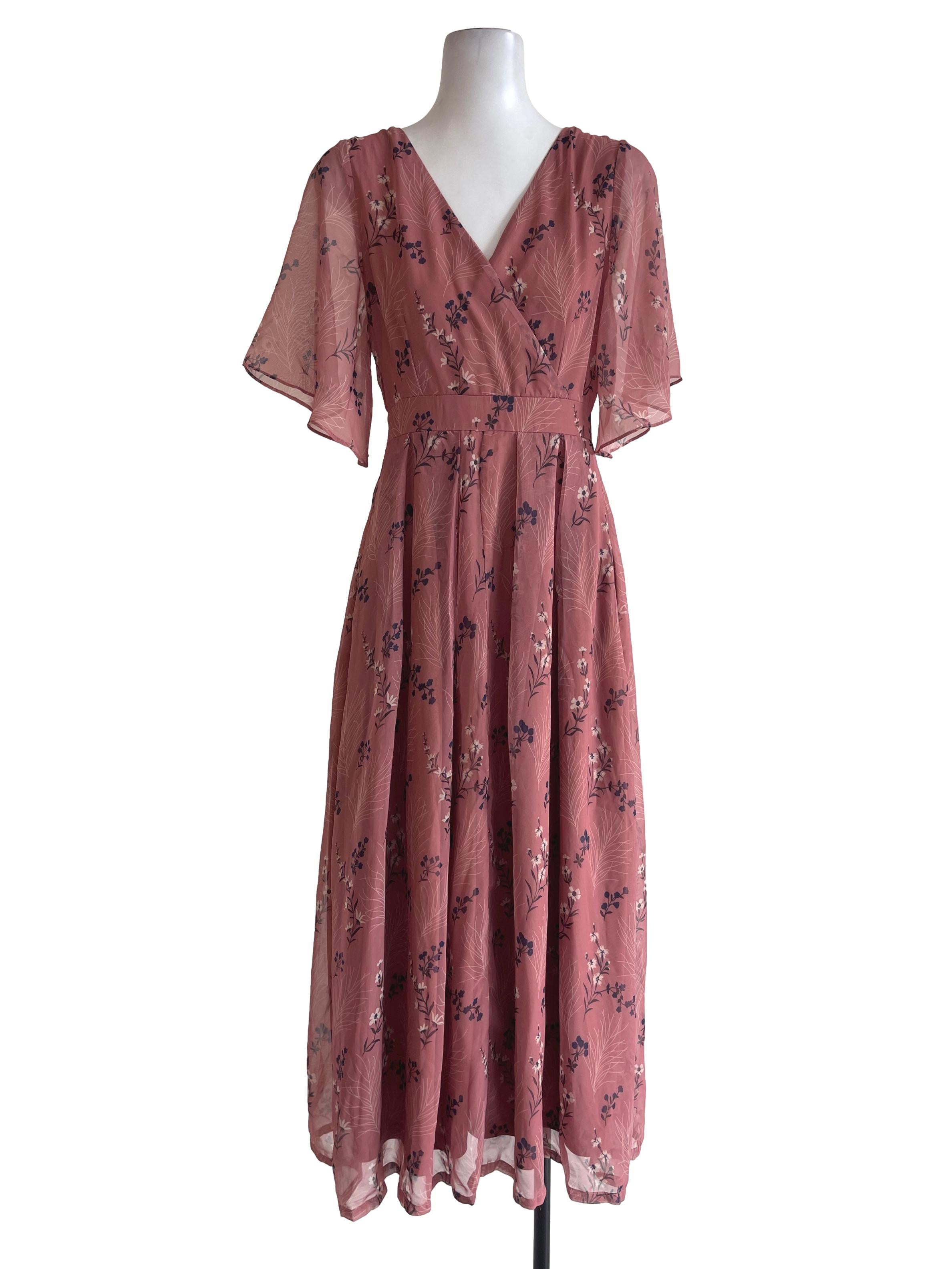 Fashmob Pink Floral Butterfly Sleeve Dress | REFASH