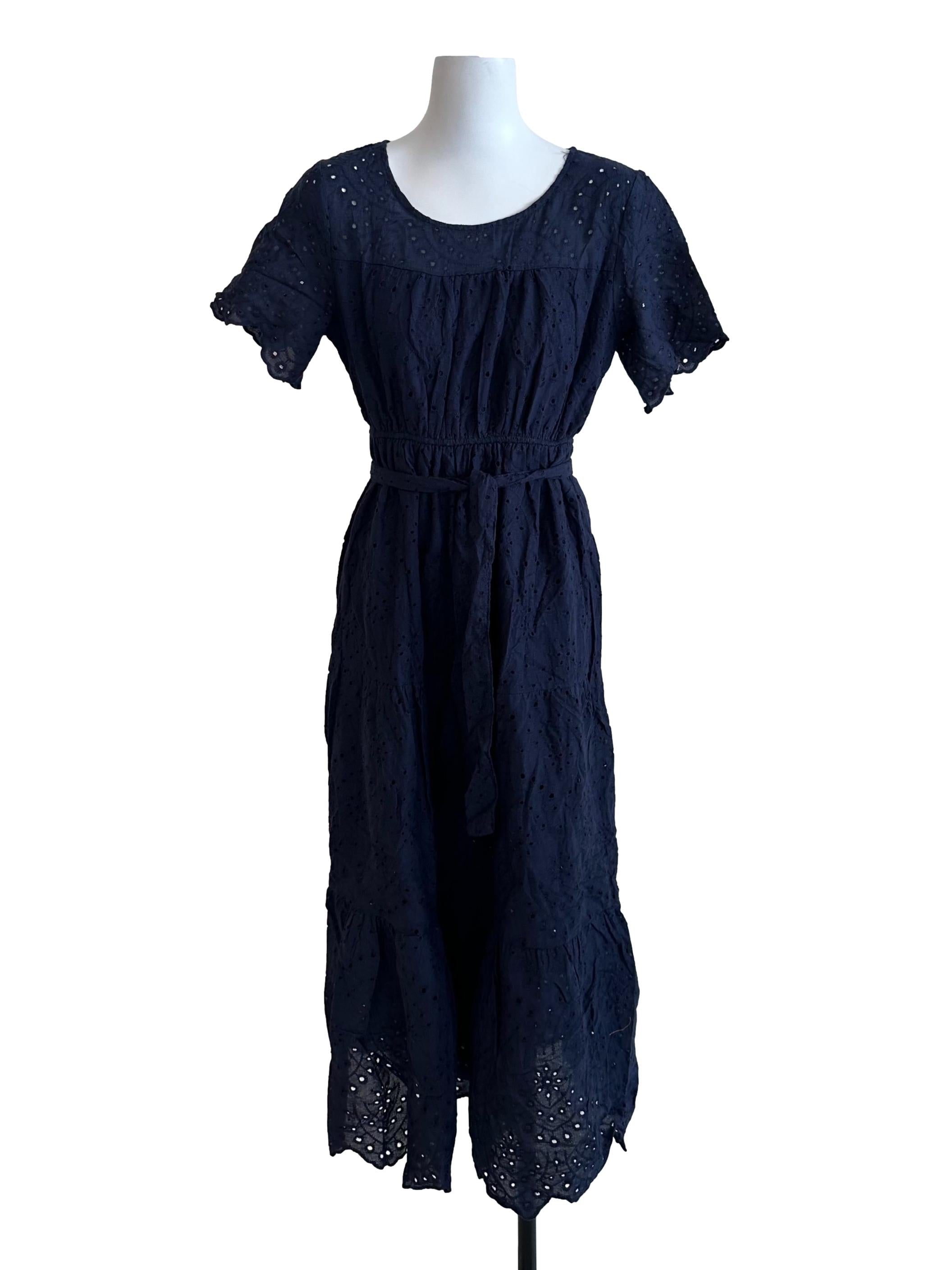 Navy Blue Eyelet Embroidery Strap Dress