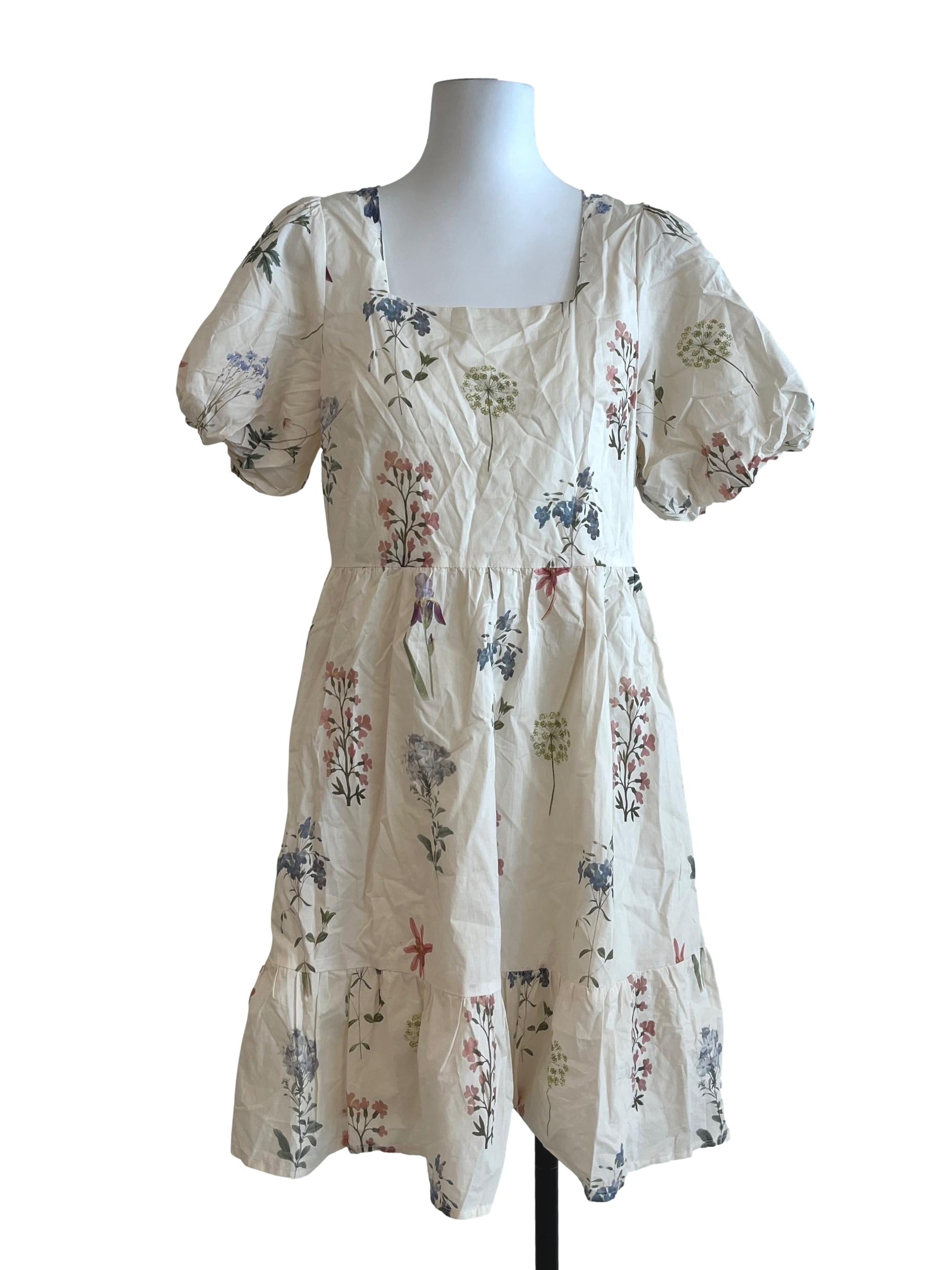Cream White Flower Printed Puff Sleeve Dress
