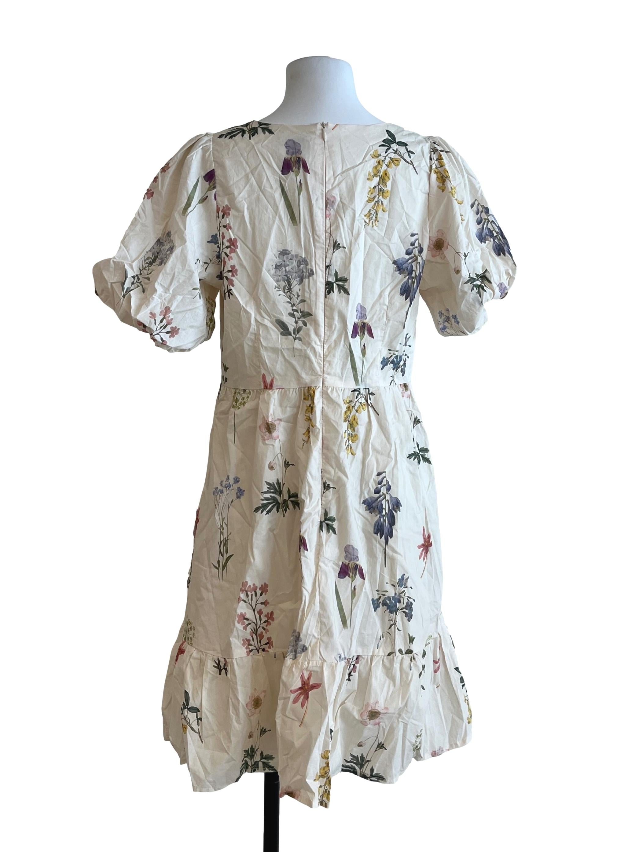 Cream White Flower Printed Puff Sleeve Dress