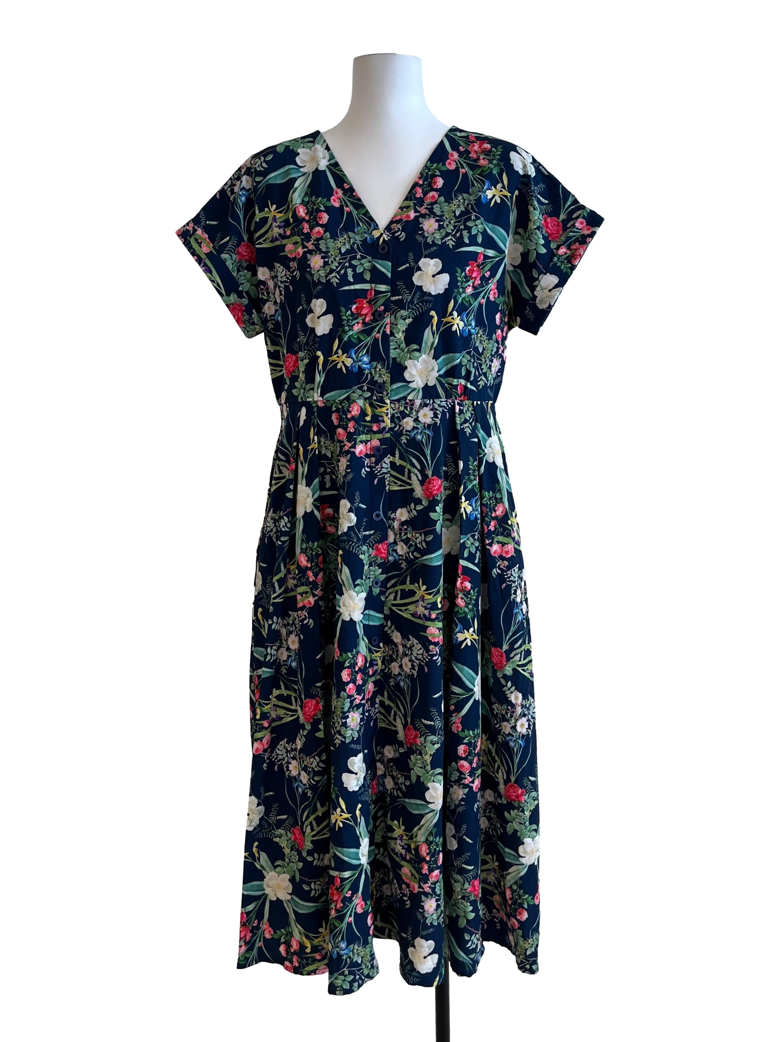 Indigo Blue Floral Print V Neck Dress