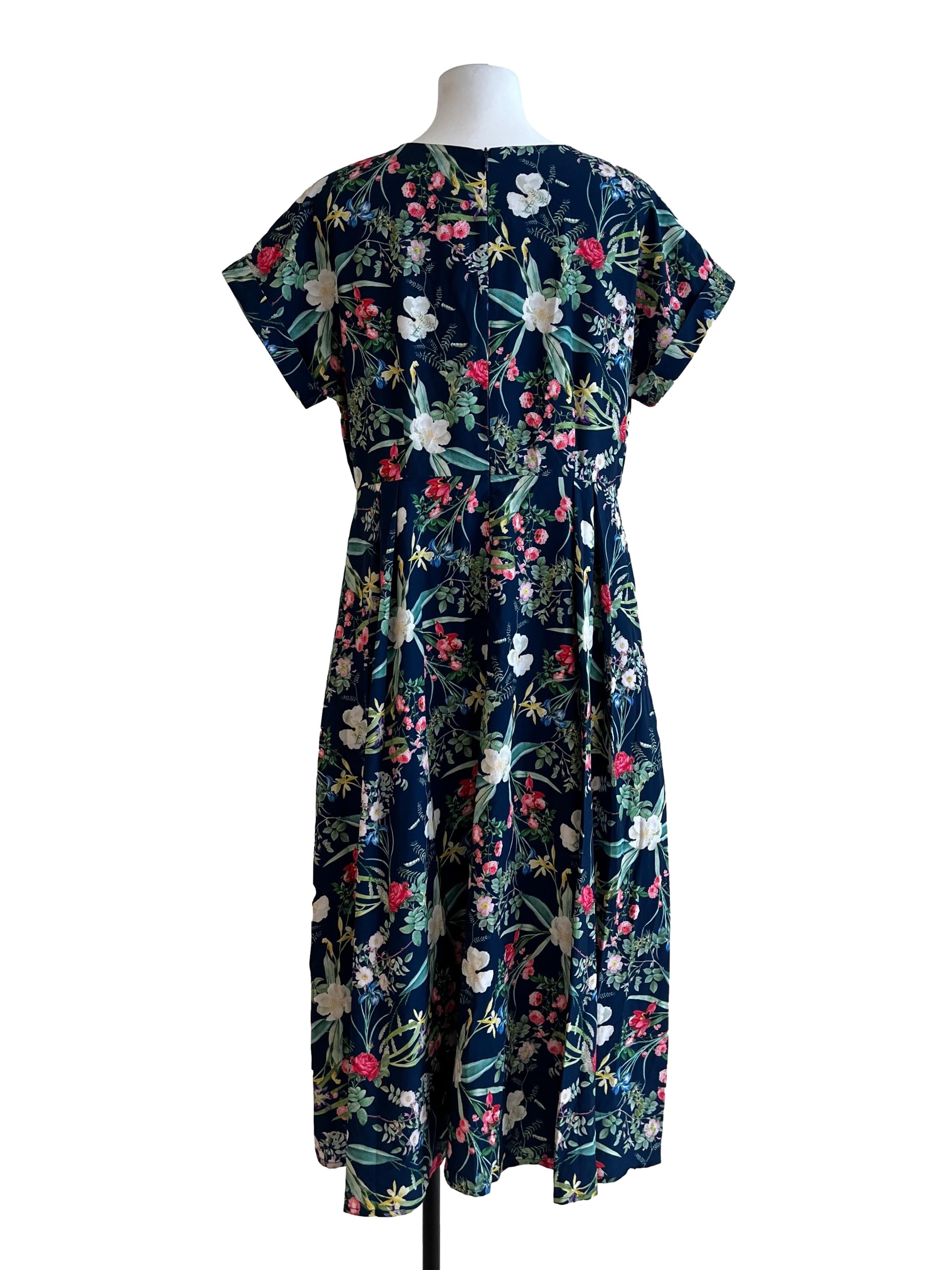 Indigo Blue Floral Print V Neck Dress