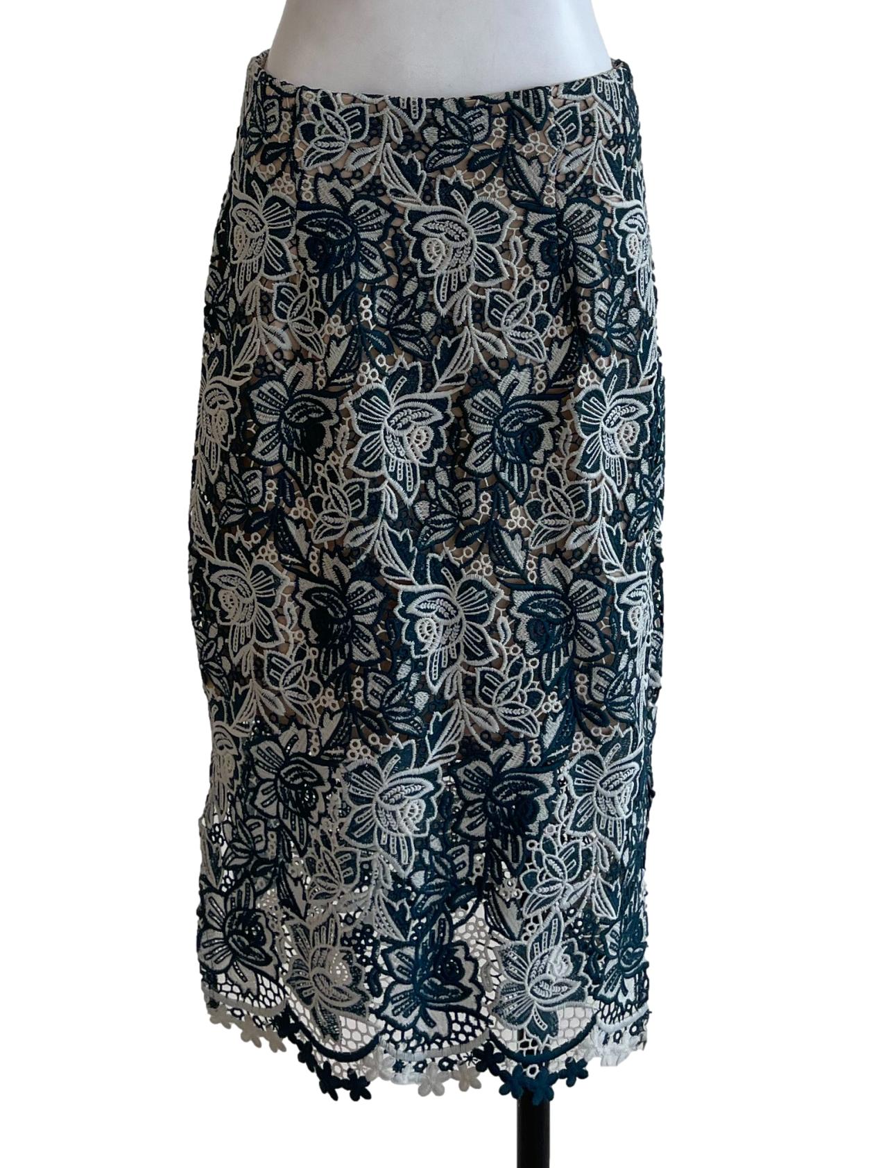 Green Lacey Pencil Skirt With Nude Lining
