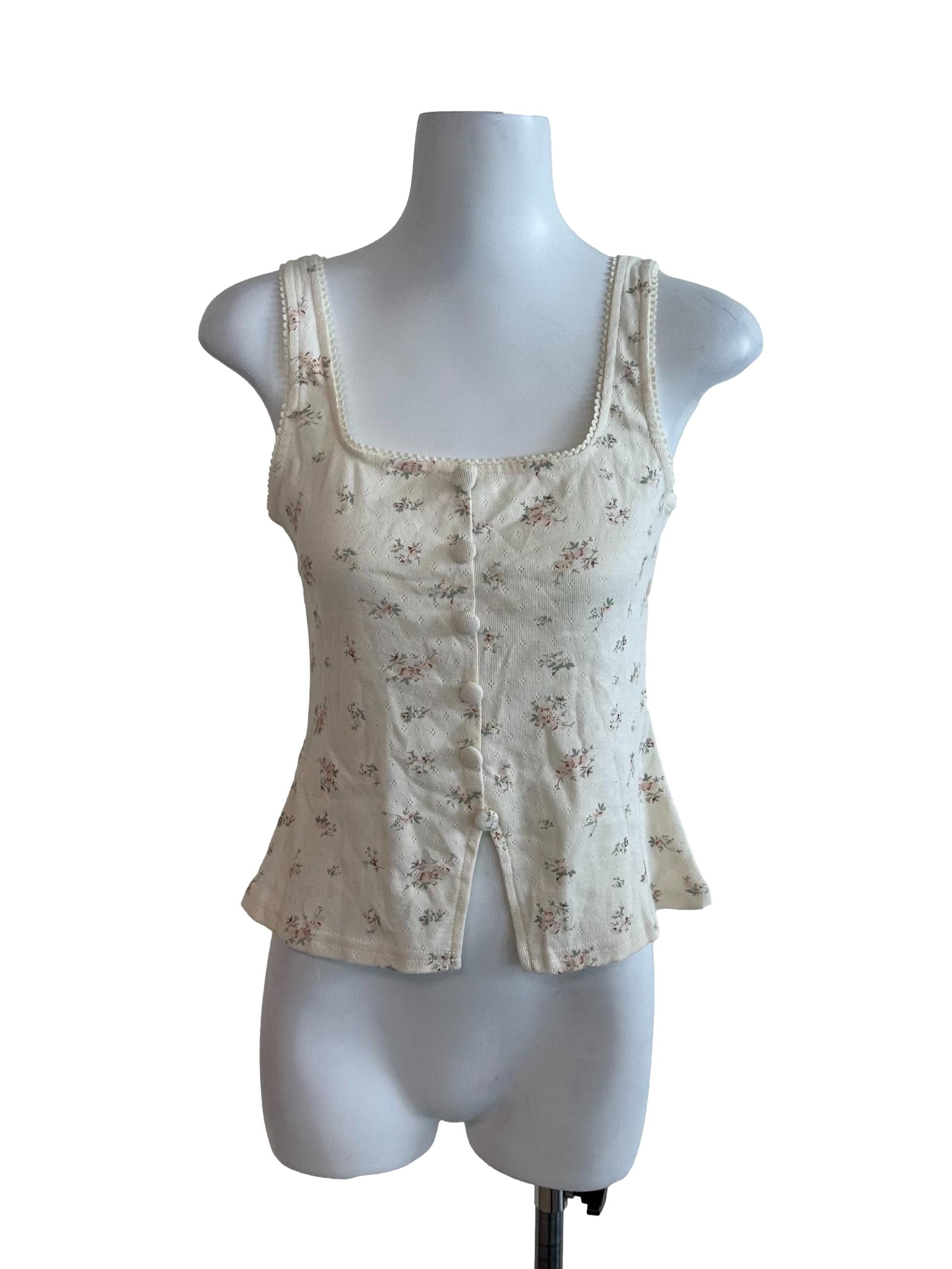 Cream White Floral Button Top