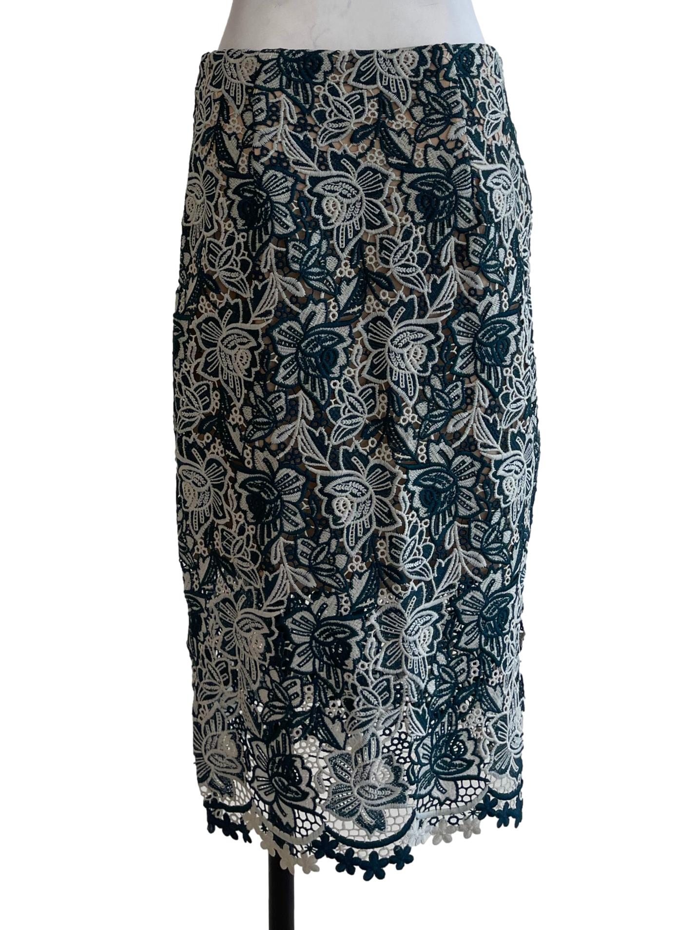 Green Lacey Pencil Skirt With Nude Lining
